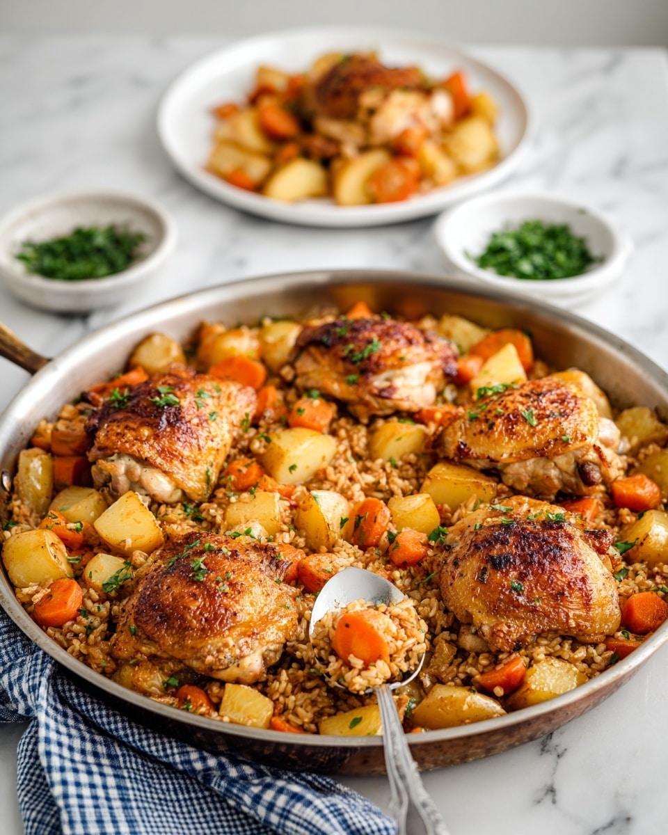 A round metal pan filled with a cooked dish showing golden brown chicken thighs on top, surrounded by chunky pieces of orange carrots and light yellow potatoes mixed with a grain, likely rice or barley, that forms a textured base layer beneath the chicken and vegetables. A silver spoon rests inside the pan, lifting some of the grain mixture. Next to the pan, a white plate holds a portion of the same dish along with extra chicken pieces, and a small white bowl contains chopped green herbs. The entire setup is placed on a white marbled surface with a blue and white checked cloth partially visible. Photo taken with an iphone --ar 4:5 --v 7