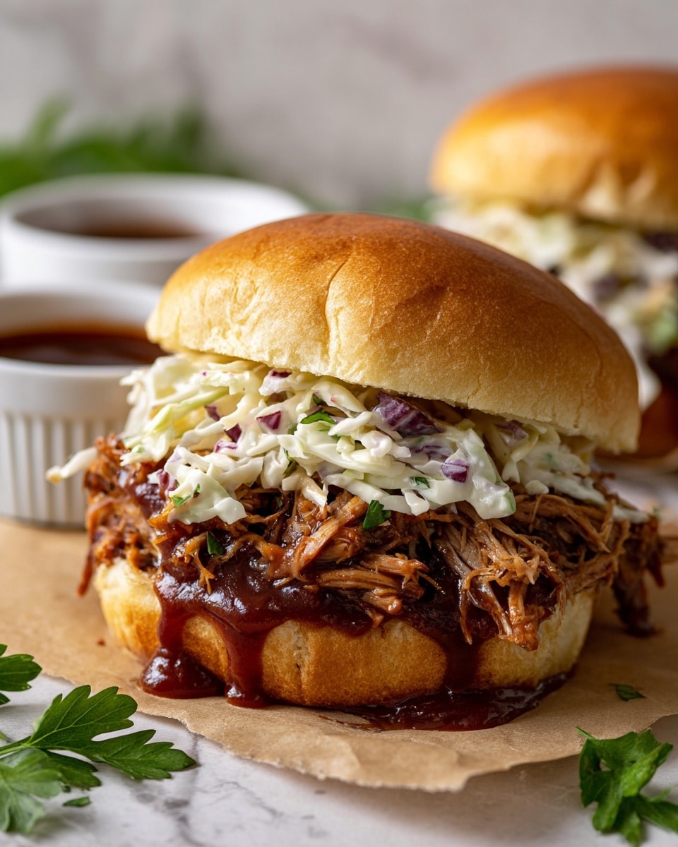 A close-up of a pulled pork sandwich showing three main layers: a soft golden-brown top bun with a smooth, shiny texture; a thick layer of dark brown, juicy pulled pork mixed with rich, glossy barbecue sauce that slightly drips out; and a fresh coleslaw layer sitting on top of the pork with finely shredded white and purple cabbage mixed with creamy dressing, adding color and texture contrast. The sandwich is placed on a piece of light brown parchment paper on a surface with a white marbled texture, with a small white bowl of more barbecue sauce in the background and some green parsley partially visible on the side. Photo taken with an iphone --ar 4:5 --v 7