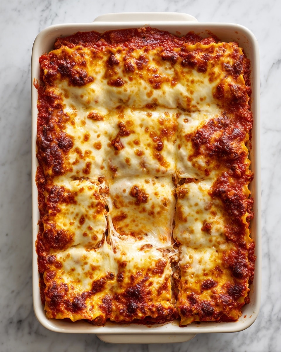 A white rectangular baking dish filled with a baked lasagna, showing about three layers: the bottom layer is a rich red tomato sauce spread evenly across the dish, the middle layer is creamy and slightly browned melted cheese mixed with sauce, and the top layer is a thick coating of melted mozzarella cheese that is golden and bubbly with some darker browned spots near the edges. The lasagna is cut into six square pieces, with the cheese stretching slightly between the cuts. The dish sits on a white marbled surface. photo taken with an iphone --ar 4:5 --v 7