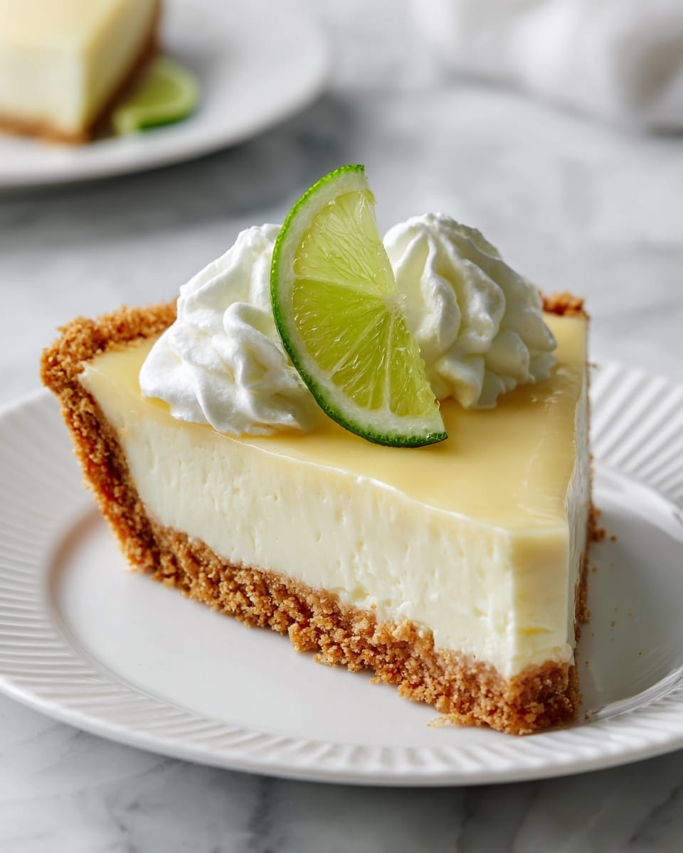 A slice of key lime pie sits on a white plate with soft ridges, showing three layers: a bottom layer of crumbly, golden-brown graham cracker crust, a thick middle layer of smooth, pale yellow lime filling with a creamy texture, and a thin, glossy top layer of lime gelatin or glaze. On top, there is a small dollop of white whipped cream with a thin, fresh green lime slice placed neatly on it. The background is a white marbled surface, soft and slightly blurred, highlighting the pie in the foreground. Photo taken with an iphone --ar 4:5 --v 7