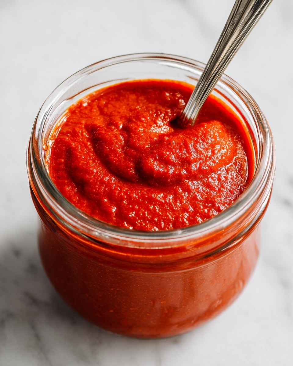 A close-up view of a glass jar filled almost to the top with smooth, thick, bright red sauce that has a shiny, slightly textured surface. A silver spoon is dipped into the sauce at the top right side of the jar, showing the sauce's dense and glossy texture. The jar sits on a white marbled surface, with the focus on the vivid red sauce inside and the clear glass rim around it. photo taken with an iphone --ar 4:5 --v 7