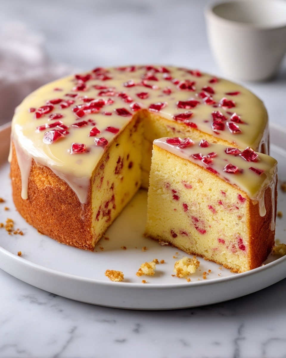 A small round cake stands on a white plate over a white marbled surface, with one slice removed showing a soft, moist interior. The cake has two layers: a golden brown baked outer edge and a light creamy yellow inside speckled with small red fruit pieces evenly spread throughout. The top layer is a smooth, shiny glaze with diced red fruits embedded, creating a glossy, slightly translucent appearance. Crumbs from the cut slice are scattered gently on the plate. photo taken with an iphone --ar 4:5 --v 7