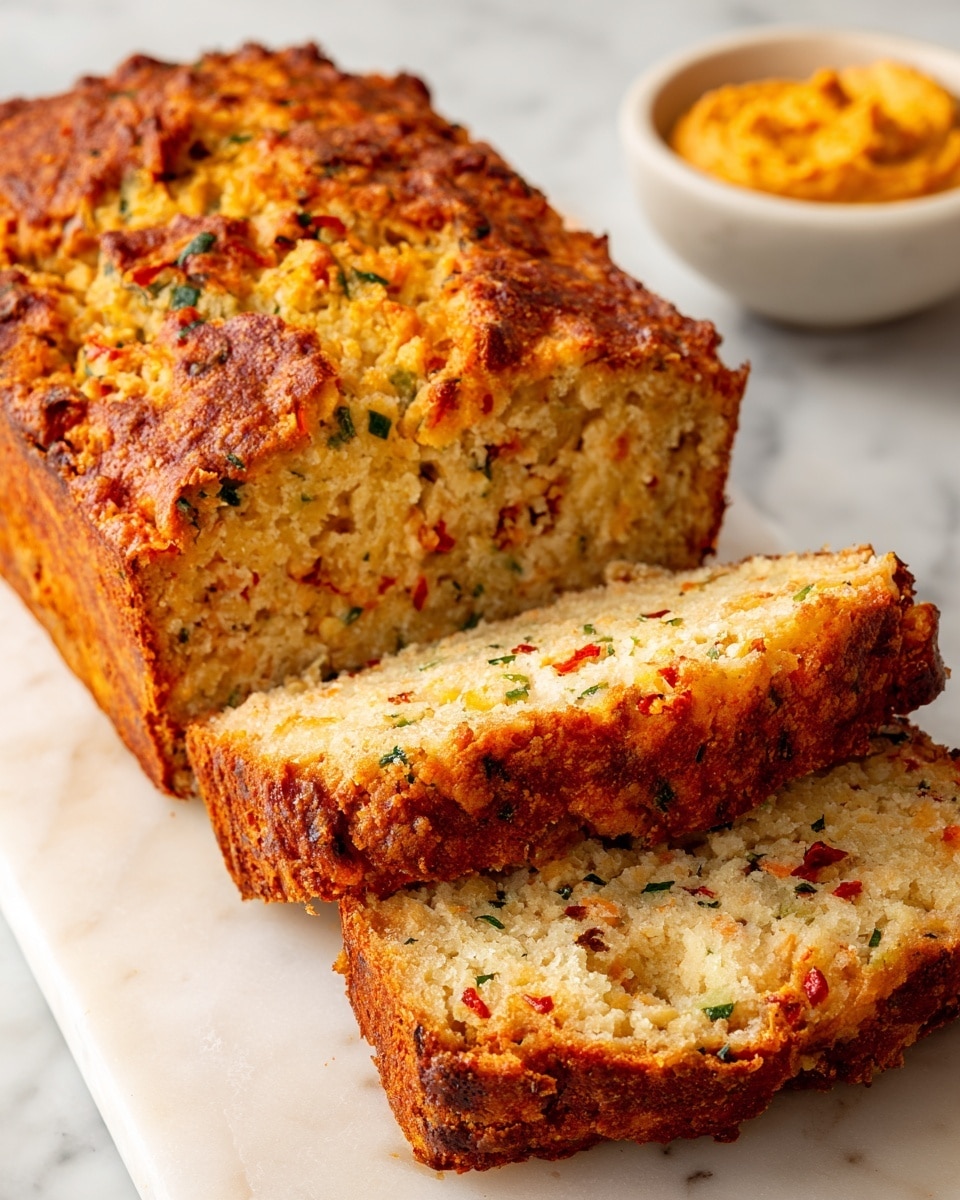 A loaf of savory bread with a golden brown crust sits on a white marbled surface, partially sliced to reveal its inside. The bread has three thick slices cut neatly from it, showing a moist texture dotted with red and green pieces that look like chopped peppers or herbs. The crust is slightly rough with a rich orange-brown color that contrasts with the softer, light beige interior filled with colorful bits. In the background, there is a white bowl holding a yellow-orange spread, suggesting a tasty accompaniment. photo taken with an iphone --ar 4:5 --v 7