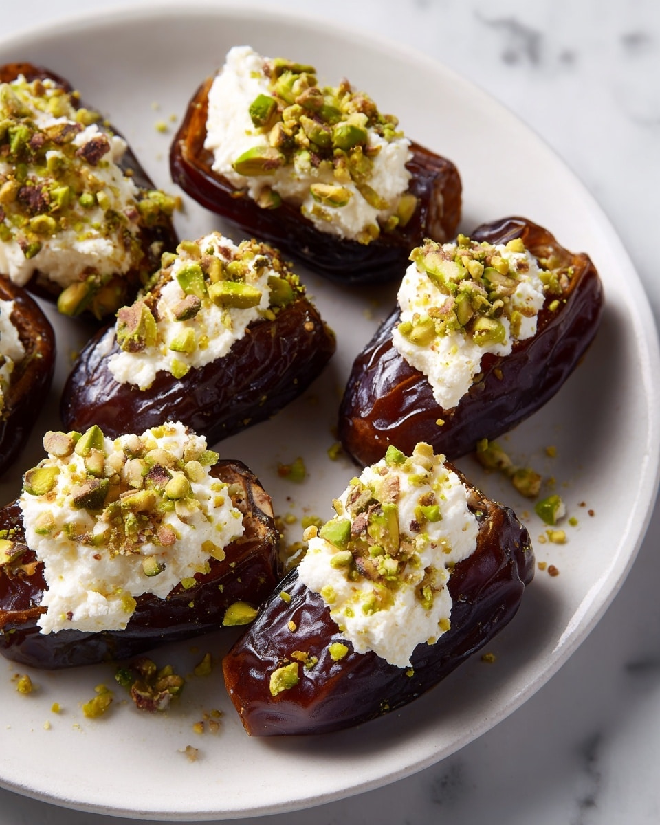 A white plate holds several glossy dark brown dates, each cut open and filled with a creamy white cheese layer inside. On top of the cheese, there are small green chopped pistachio pieces sprinkled generously, creating a bright color contrast. The dates look shiny and moist, with the filling neatly placed. The background is a white marbled texture, adding a clean look. The image shows a close-up of the plate with sharp focus on the textured layers of the dates, filling, and nuts. Photo taken with an iphone --ar 4:5 --v 7