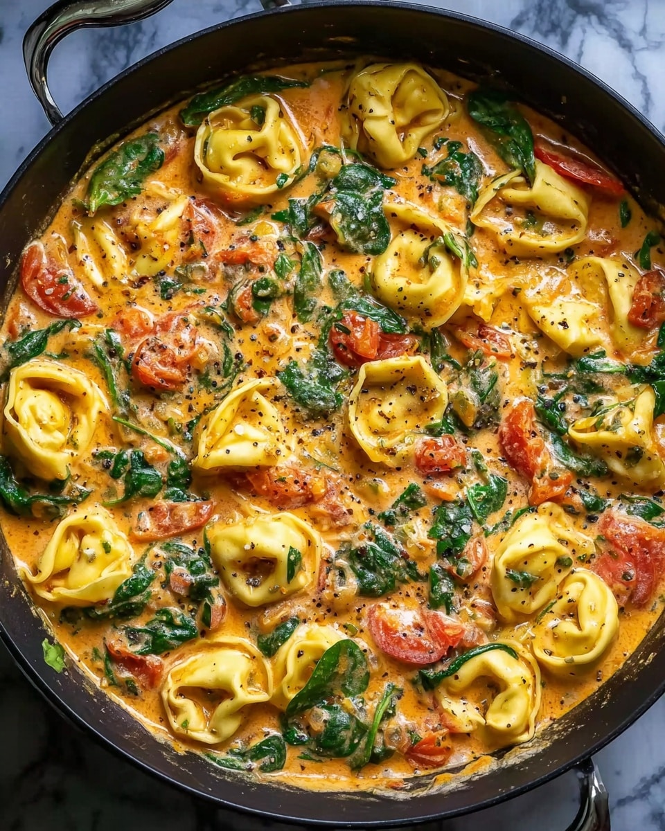 A close-up view of a dark pan filled with creamy sauce pasta. The dish shows one main layer of smooth, rich orange creamy sauce mixed with bright green spinach leaves, chunks of red and orange tomatoes, and yellow tortellini pasta pieces scattered evenly across the surface. Small specks of black pepper dot the creamy sauce, adding texture. The background is a white marbled texture. photo taken with an iphone --ar 4:5 --v 7