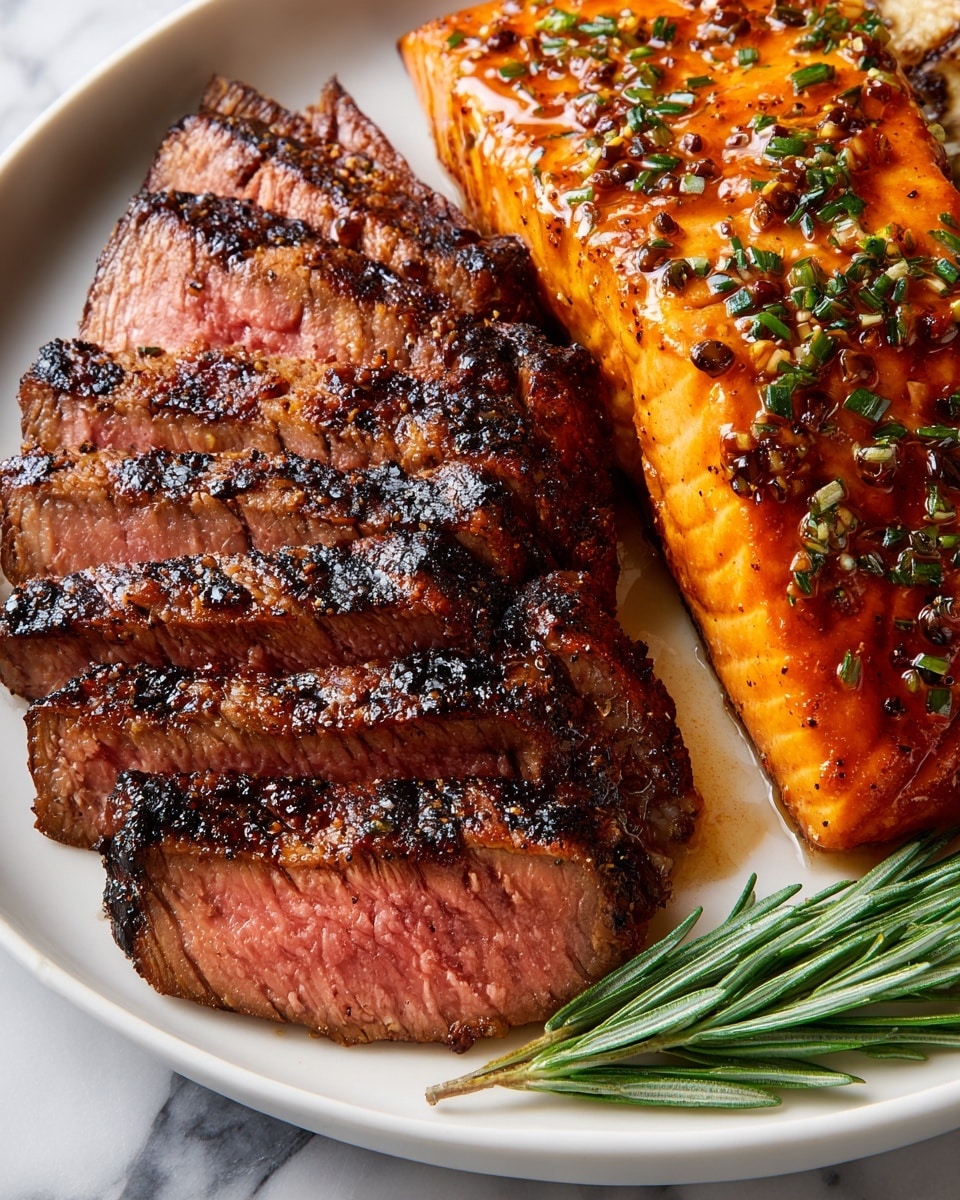 The image shows a close-up of sliced steak arranged neatly in four layers, each slice showing a pink and juicy inside with a thin, browned edge. On the right side, there is a larger piece of steak with a shiny, browned, grilled surface that has herbs and a bit of sauce on top. At the bottom, fresh green rosemary sprigs lay under the slices. The whole dish is on a white plate with a white marbled texture underneath. photo taken with an iphone --ar 4:5 --v 7