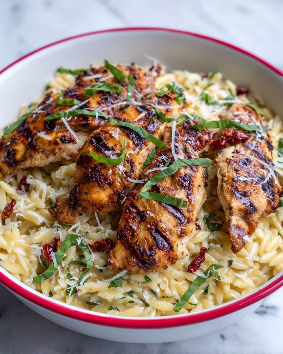 A decorative white bowl with a red rim holds a creamy orzo pasta base, cooked to a soft texture and mixed with tiny herbs, forming the first layer. On top, there are several pieces of grilled chicken breasts with a golden-brown char and visible grill marks, arranged evenly over the pasta. Scattered on both layers are small bits of sun-dried tomatoes, adding deep red color accents. Thin strips of fresh green basil leaves are sprinkled over the entire dish, along with shavings of white cheese that add a light texture contrast. The bowl sits on a white marbled surface. Photo taken with an iphone --ar 4:5 --v 7