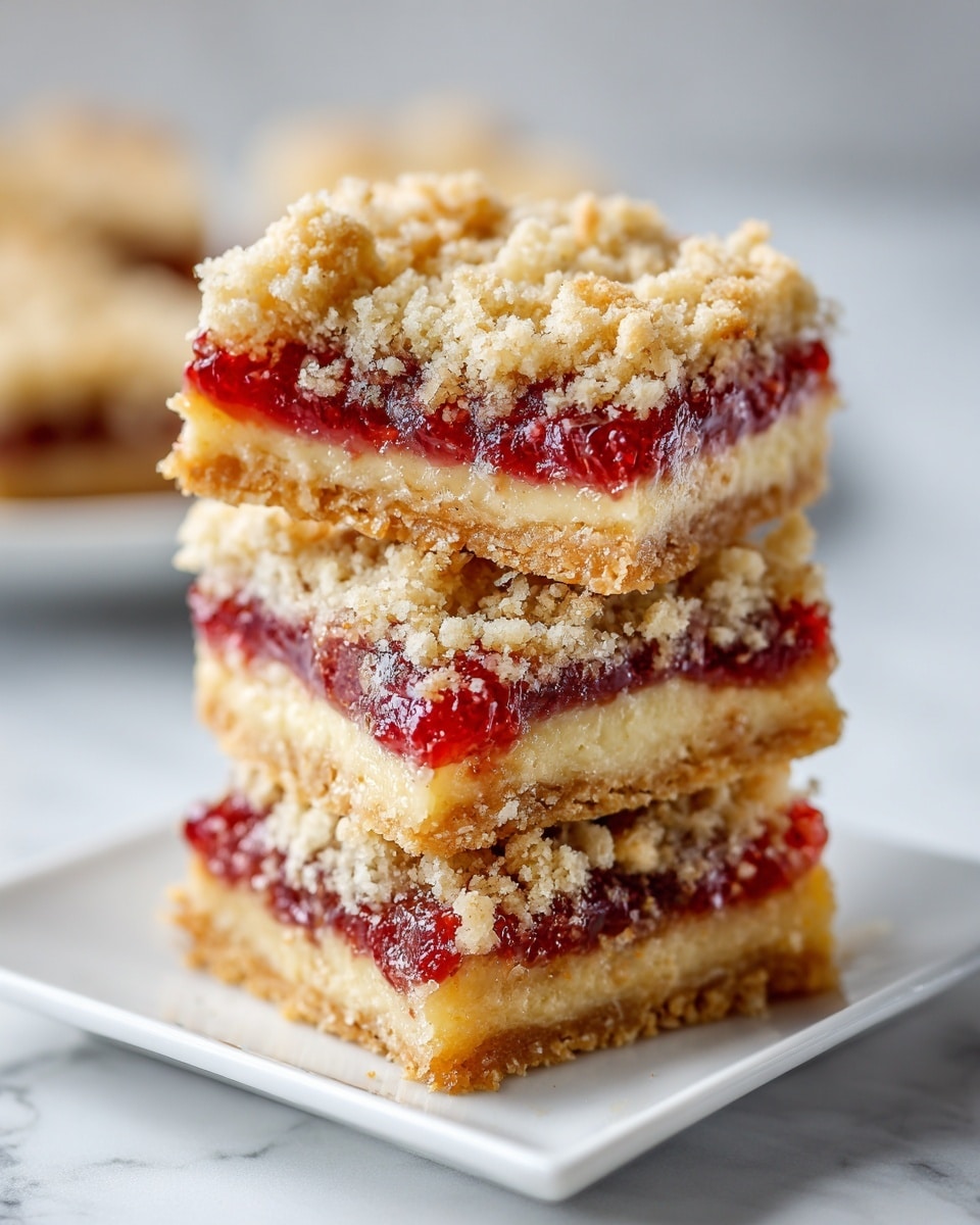 Two square pieces of crumbly fruit bars sit stacked on a white plate, placed on a white marbled surface. Each bar has three clear layers: a golden brown crumbly base at the bottom, a thick bright red fruit jam layer in the middle with a glossy, slightly sticky look, and a top layer of golden crumb crumble with a rough, uneven texture. The bars look dense but soft, with the jam layer peeking through the uneven crumb topping. The image is close-up, showing the texture details of the crumbs and fruit jelly clearly. photo taken with an iphone --ar 4:5 --v 7