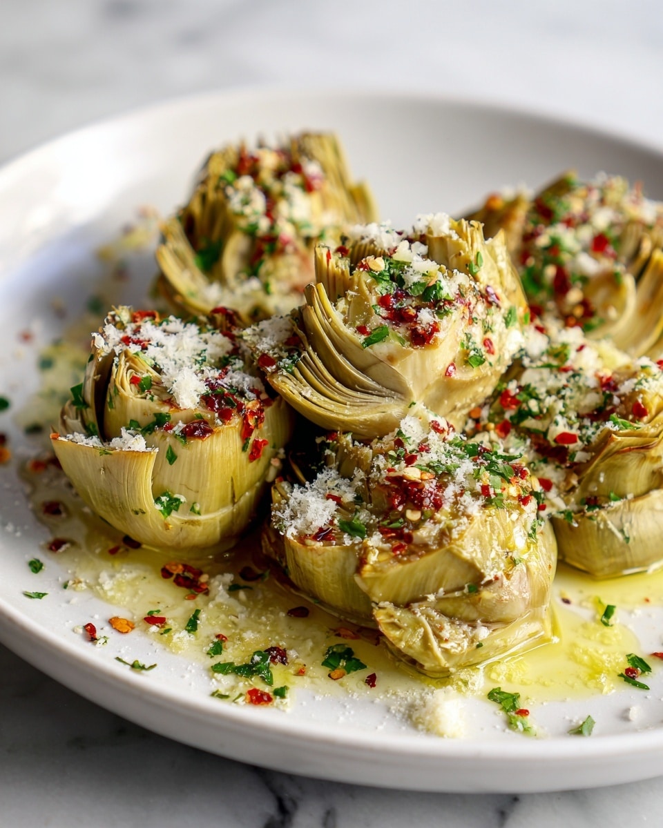 The image shows six artichoke halves arranged in a white plate, each cut side facing up. Each artichoke layer is light green with a soft, tender texture. The hearts are covered with a drizzle of olive oil, sprinkled with finely grated white cheese, chopped fresh green parsley, and a light dusting of red chili flakes. The plate sits on a white marbled surface, with some parsley leaves scattered around it. The lighting highlights the glossy oil and the delicate layers of the artichokes. Photo taken with an iphone --ar 4:5 --v 7
