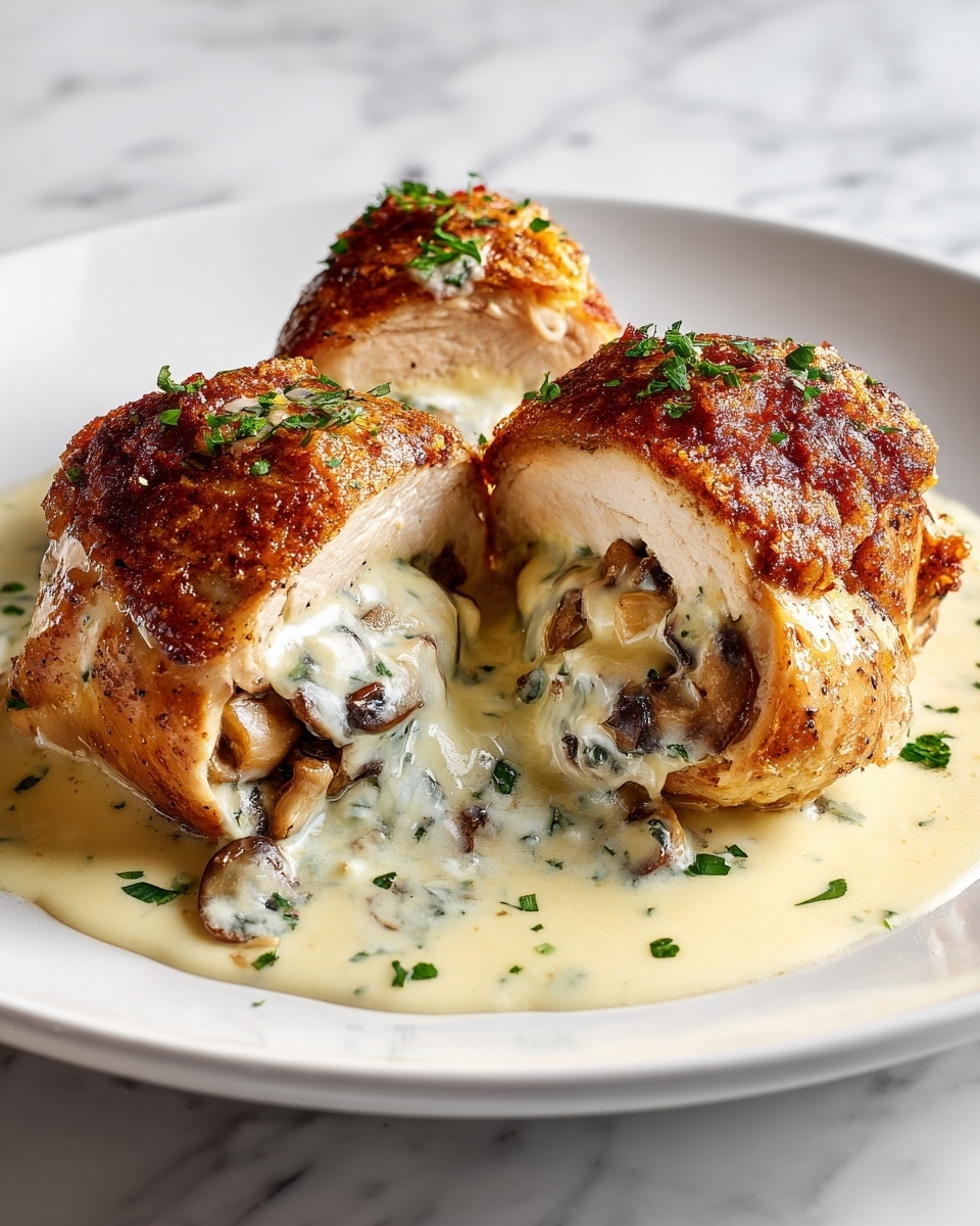 The image shows a close-up of two pieces of chicken stuffed with mushrooms, placed on a white plate. Each chicken piece has a golden-brown, crispy skin on top, covered with melted, creamy cheese that stretches slightly. The mushrooms inside the chicken are dark brown and tender, visible where the chicken is cut or opened. The dish is topped with finely chopped green herbs, adding a fresh look, and is surrounded by a creamy garlic butter sauce that pools at the bottom. The background is a white marbled surface, enhancing the colors of the food. photo taken with an iphone --ar 4:5 --v 7