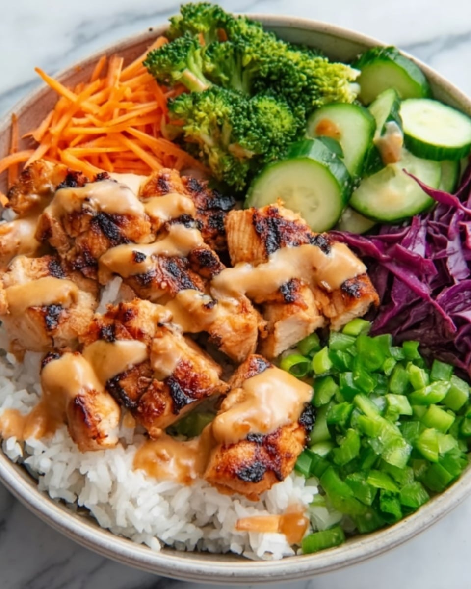 The image shows a white bowl filled with several layers of food on a white marbled surface. The bottom layer is white rice, topped with grilled chicken pieces that have a golden-brown color and grill marks, arranged neatly on one side. Next to the chicken, bright green broccoli florets and chopped light green cucumbers are placed in separate sections. On the far side, thin shredded orange carrots mixed with thin purple cabbage create a colorful layer. The entire dish is drizzled with a creamy, light brown sauce and sprinkled with chopped green herbs. Photo taken with an iphone --ar 4:5 --v 7