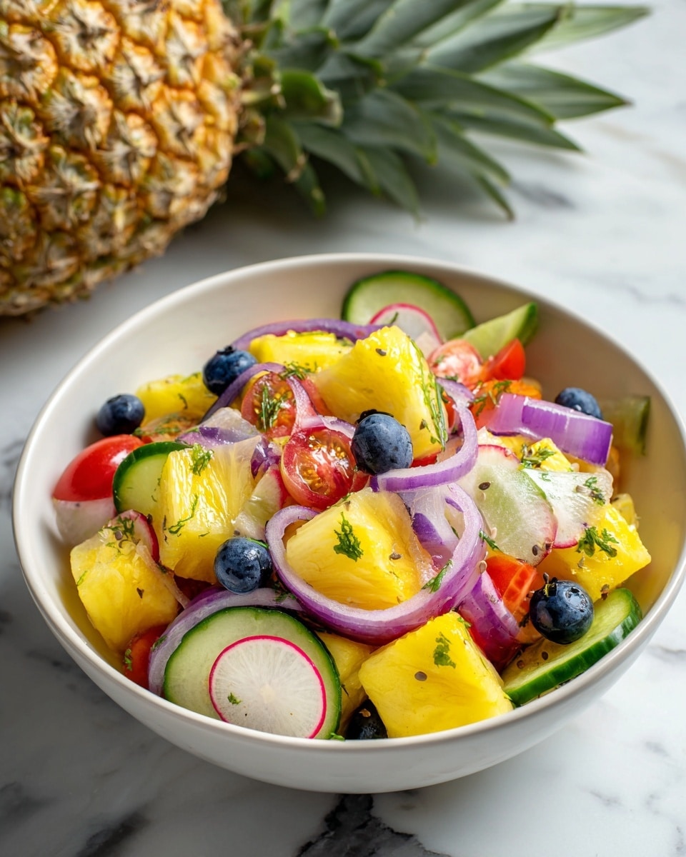 A close-up image of a colorful salad in a clear glass bowl with a white marbled background, showing several layers of ingredients including bright yellow pineapple chunks, thin round slices of red radish with white centers, small deep blue blueberries, diced green avocado, thin curved slices of cucumber with dark green skin and pale green inside, small red bell pepper pieces, and thin strips of purplish red onion, all mixed with flecks of green herbs scattered evenly throughout. The textures range from smooth avocado and pineapple to crunchy radish and onions. Photo taken with an iphone --ar 4:5 --v 7