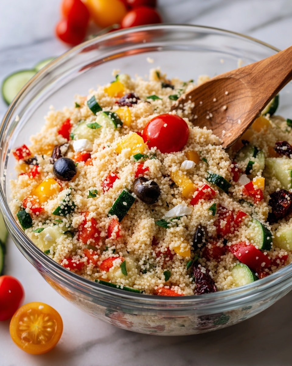 A clear glass bowl filled with a colorful couscous salad sits on a white marbled surface. The salad layers include light beige couscous grains mixed with diced bright red and yellow bell peppers, sliced black olives, chunks of pale green cucumber, and white crumbled cheese. There are also dark brown sun-dried tomato pieces and small green herb leaves scattered throughout. A smooth wooden spoon is placed inside the bowl, partially mixing the salad. Photo taken with an iphone --ar 4:5 --v 7
