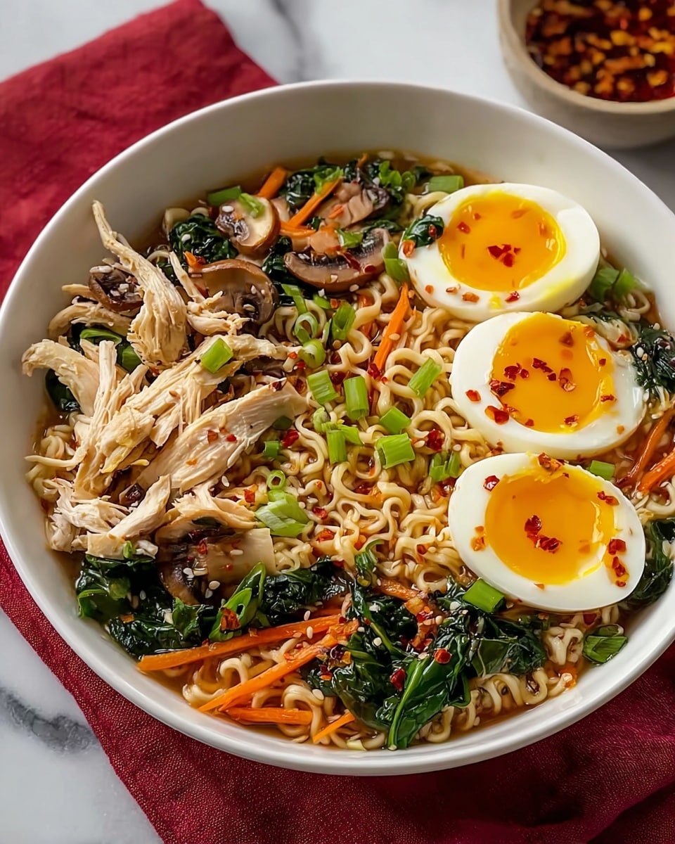 A white bowl filled with light brown cooked ramen noodles soaking in broth forms the base layer, topped with shredded light-colored chicken pieces scattered across. Bright green slices of scallion and wilted dark green spinach leaves are mixed throughout, along with thin orange carrot strips adding contrast. Several brown mushroom slices lay on top, accented by two halves of a soft-boiled egg with bright yellow yolks and firm white edges facing upward, sprinkled lightly with red chili flakes and sesame seeds. The bowl rests on a deep red cloth, with wooden chopsticks placed beside it, all set on a white marbled surface. Photo taken with an iphone --ar 4:5 --v 7