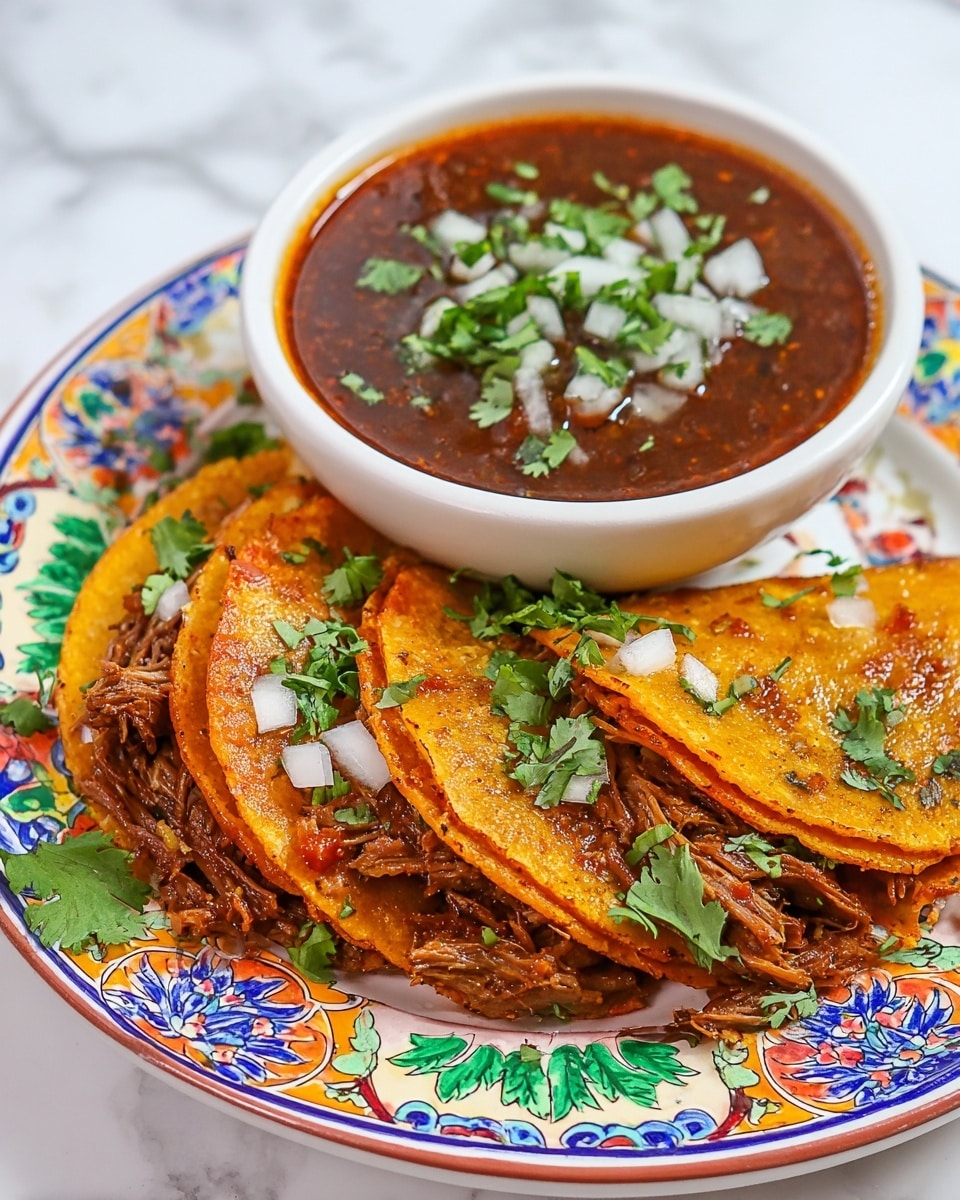 A colorful patterned white plate holds three golden-brown tacos layered with tender shredded meat, garnished with chopped white onions and fresh green cilantro leaves scattered on top and around. Next to the tacos, a white bowl is filled with a thick, dark reddish-brown sauce topped with chopped fresh cilantro and onions. The plate and bowl sit on a white marbled surface with soft lighting highlighting the textures and colors of the food. Photo taken with an iphone --ar 4:5 --v 7