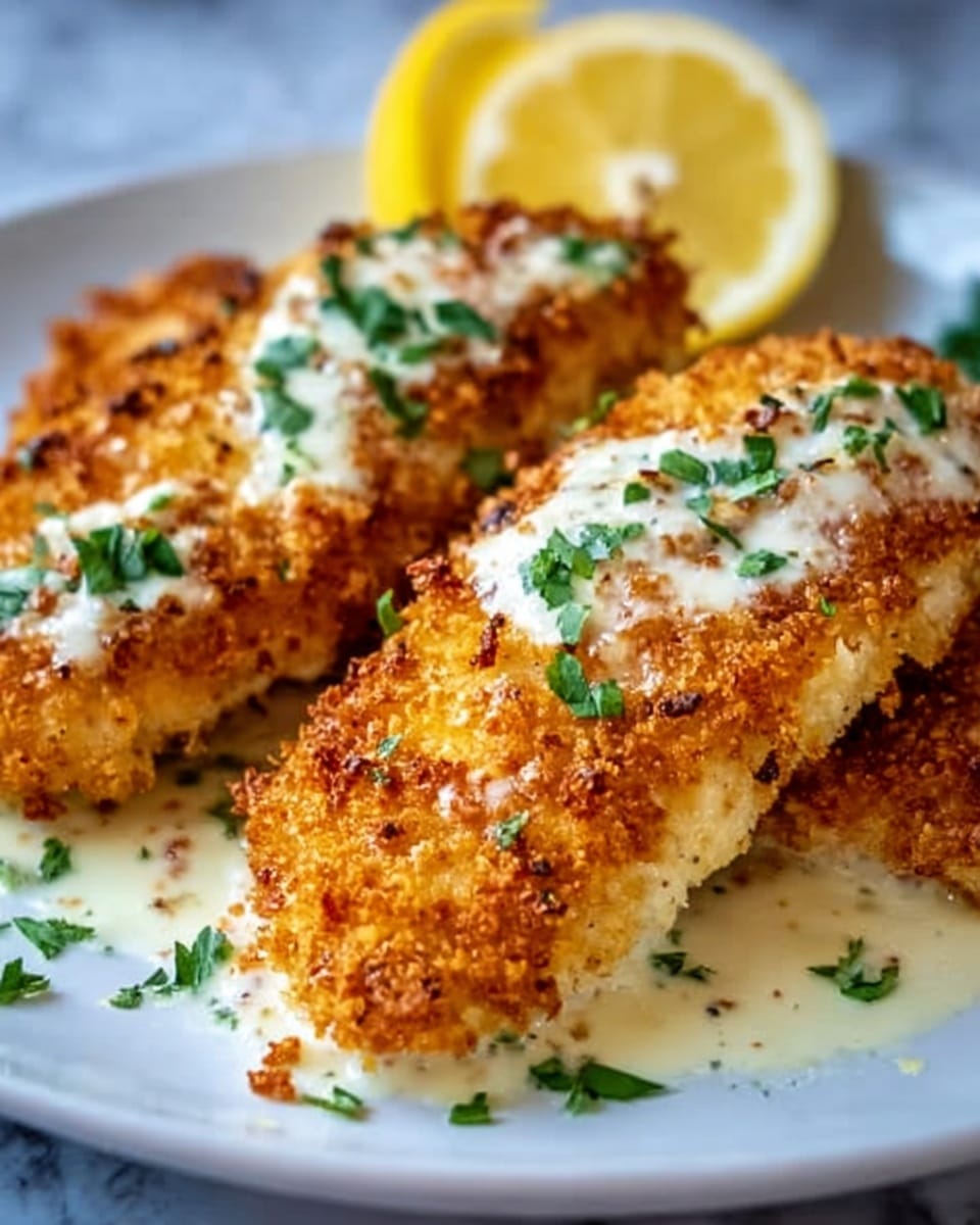 The image shows two pieces of breaded chicken with a crispy golden-brown crust, sprinkled with finely chopped green herbs on top. The chicken sits on a white plate with a creamy white sauce underneath it. In the background, there are two lemon wedges partially visible. The surface underneath the plate is a white marbled texture. Photo taken with an iphone --ar 4:5 --v 7