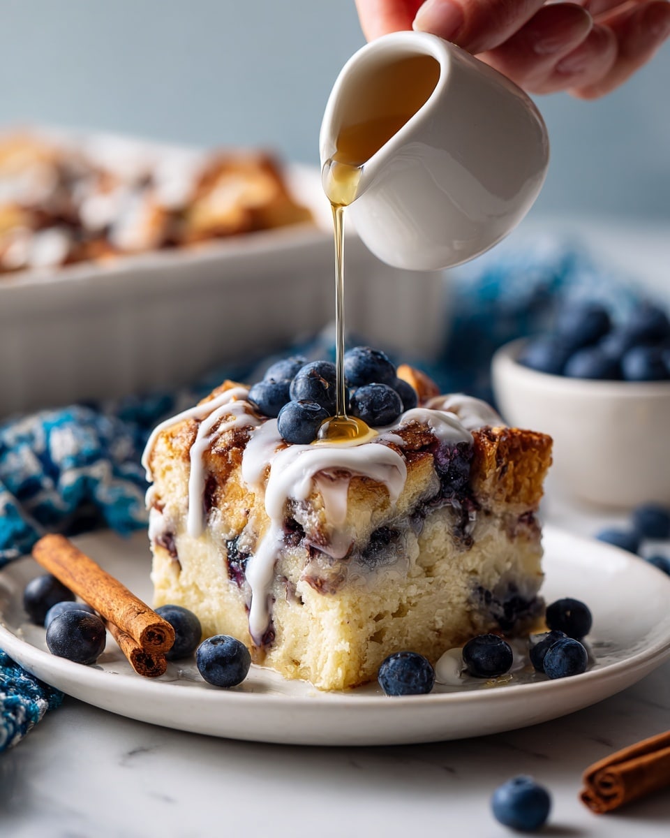 A white plate holds a square piece of blueberry bread pudding with three visible layers: the bottom layer is a light yellow soft base with some purple blueberry spots, the middle layer is a denser golden-brown bread soaked in custard mixed with darker purple blueberries, and the top layer shows toasted, slightly crispy golden bread cubes sprinkled with fresh blueberries and thin white icing lines. A white pitcher held by a woman's hand pours golden syrup over the top, catching the light and creating a shiny flow. The dish is set on a white marbled surface with scattered fresh blueberries, a cinnamon stick, and a small white bowl of blueberries in the background. Photo taken with an iphone --ar 4:5 --v 7