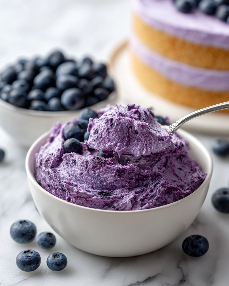 A close-up of a white ramekin filled with a thick, creamy purple spread that has small blueberry pieces mixed in. A silver spoon is partially buried in the spread, with the texture looking soft and fluffy. Around the ramekin, there are a few fresh whole blueberries on a white marbled surface, and in the blurry background, there is a slice of light brown sponge cake layered with the same purple spread, along with another white ramekin filled with whole blueberries. photo taken with an iphone --ar 4:5 --v 7