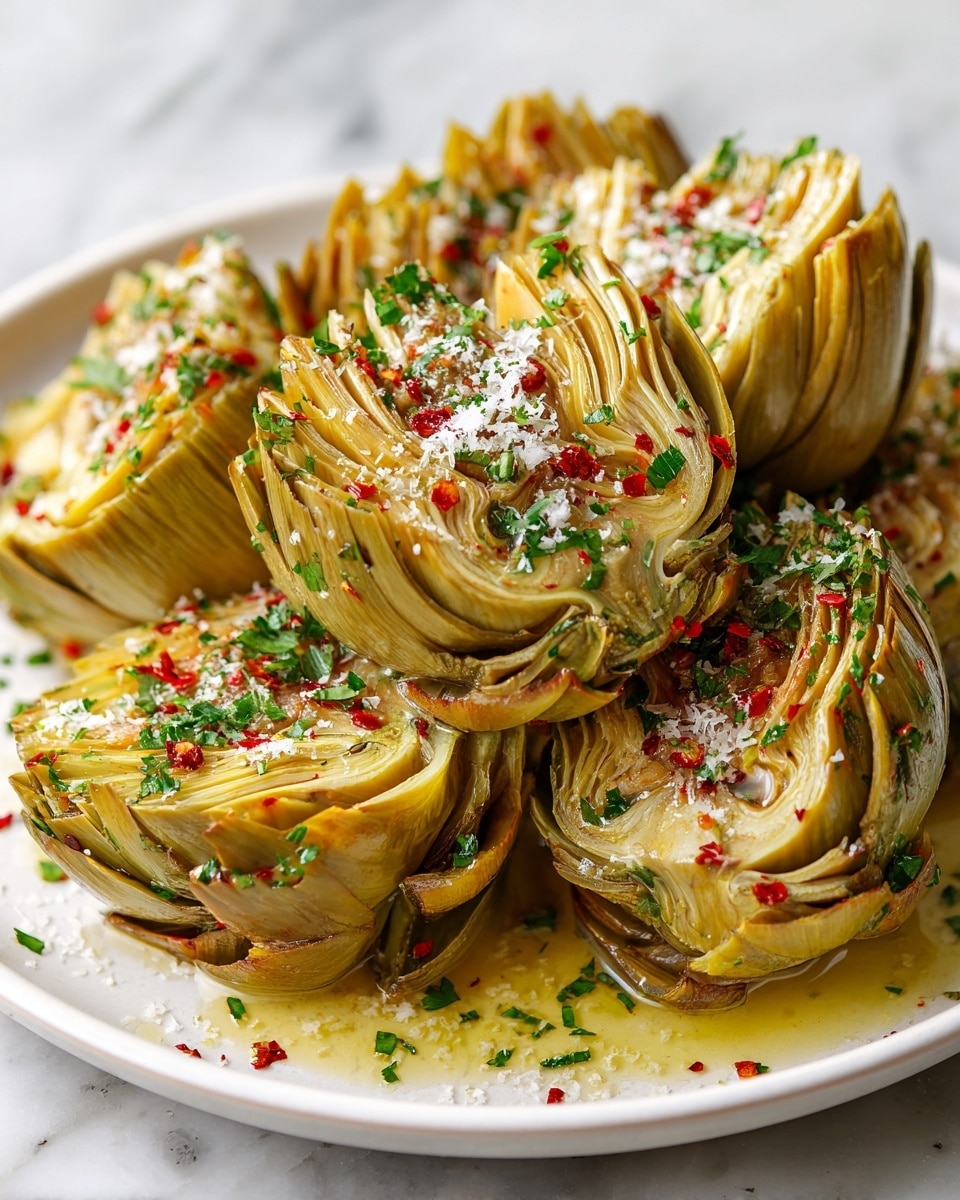 The image shows a white plate filled with several pieces of cooked artichoke hearts, each cut in half with multiple overlapping layers of soft, yellowish-green leaves. The artichokes are topped with finely grated white cheese, green chopped herbs, and red pepper flakes, adding texture and bright color contrast. There is a light drizzle of oil or sauce pooling slightly at the bottom of the plate, with some extra chopped herbs scattered around it. The plate sits on a white marbled surface, and the close-up view highlights the juicy and tender texture of the artichoke layers. Photo taken with an iphone --ar 4:5 --v 7