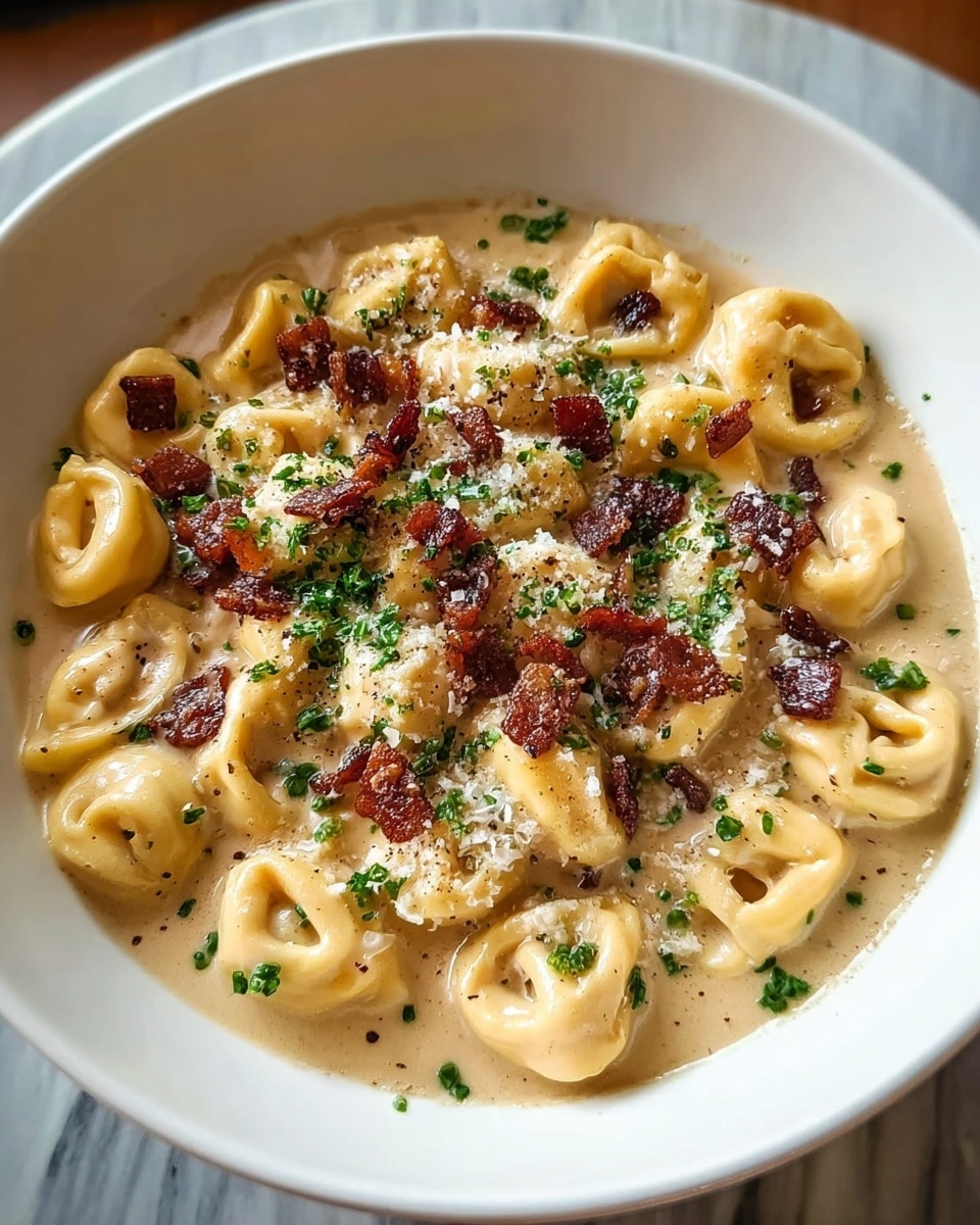 A white bowl filled with creamy tortellini pasta covered in a light beige cheese sauce, topped with small dark brown crispy bacon pieces, sprinkled finely with white grated cheese and chopped green herbs, all resting on a white marbled surface. photo taken with an iphone --ar 4:5 --v 7