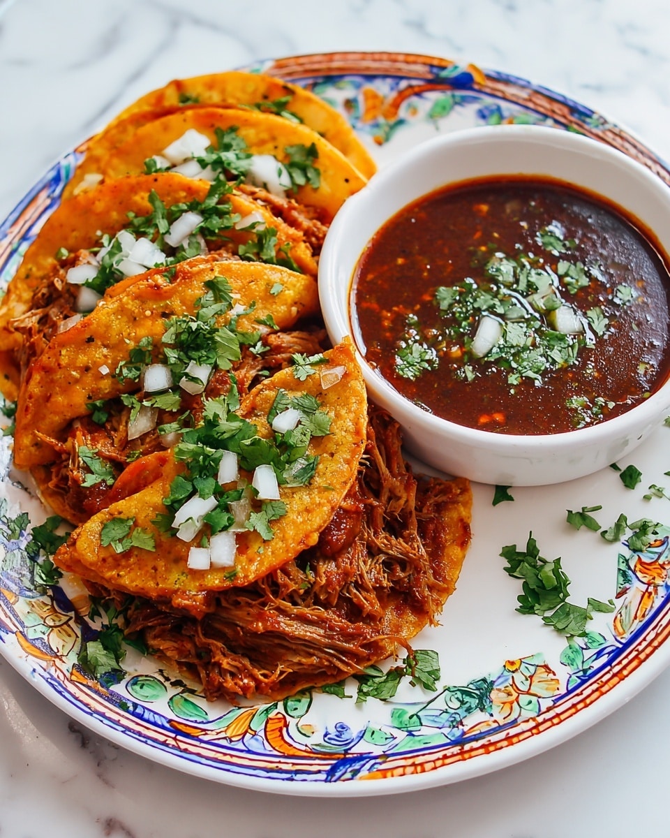 A white plate with colorful, detailed patterns around the edge holds a stack of three folded tacos filled with shredded meat, showing layers of brown meat and orange tinted taco shells. The tacos are garnished with small pieces of chopped white onions and fresh green cilantro leaves placed on top and around them. Next to the tacos, a white bowl is filled with dark red-brown chunky sauce, topped with chopped cilantro and white onion pieces. The plate is set on a white marbled surface. Photo taken with an iphone --ar 4:5 --v 7