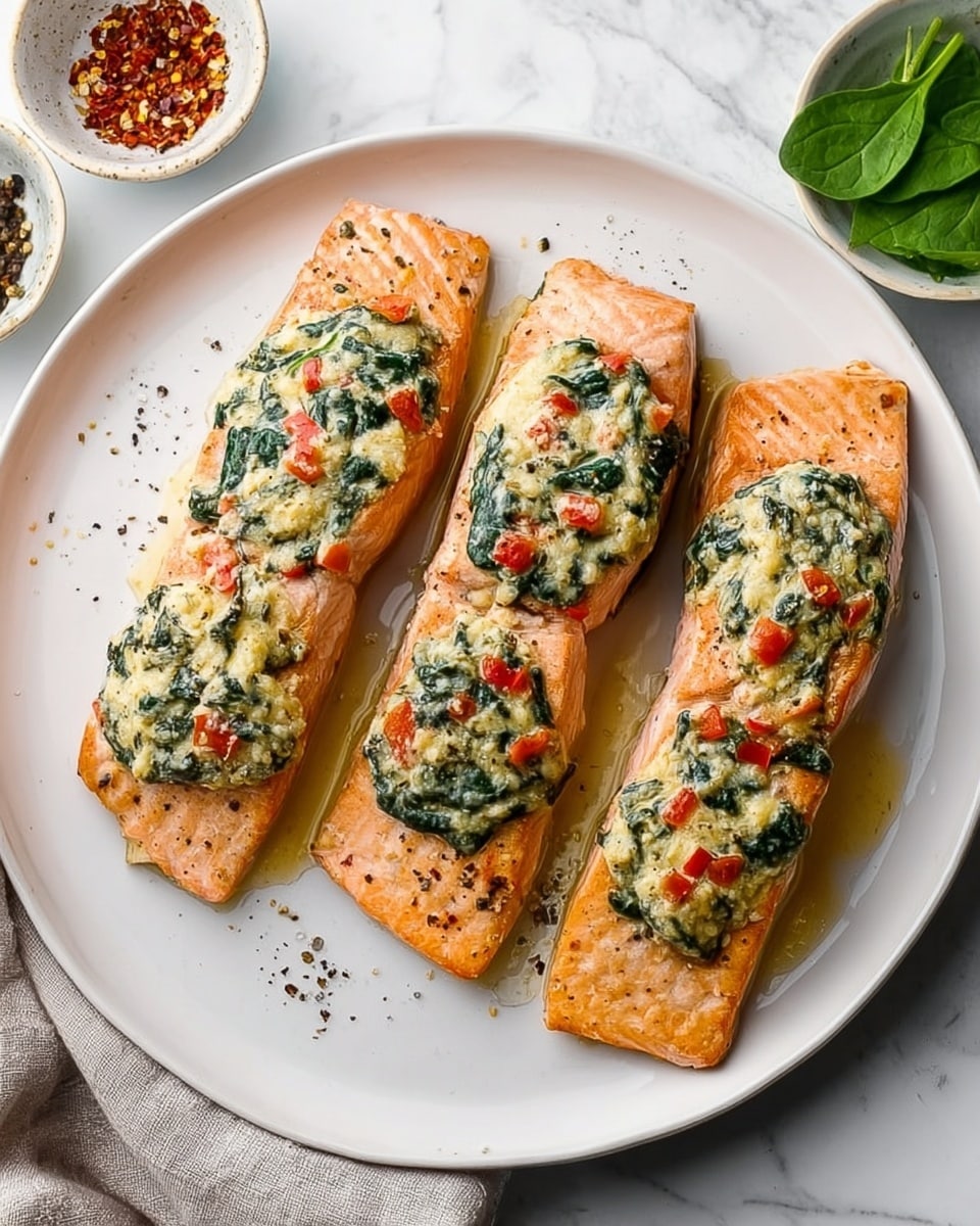 Four cooked salmon fillets lie on a white round plate placed on a white marbled surface. Each fillet is topped with a layer of creamy mixture containing small pieces of red tomato and green spinach, giving a colorful contrast to the orange-pink fish. The salmon skin is lightly browned and crisp, with some black pepper sprinkled on top. The plate is surrounded by a small bowl of white cheese, fresh spinach leaves, and a small bowl of diced red peppers. A silver serving fork rests on the plate's edge. Photo taken with an iphone --ar 4:5 --v 7