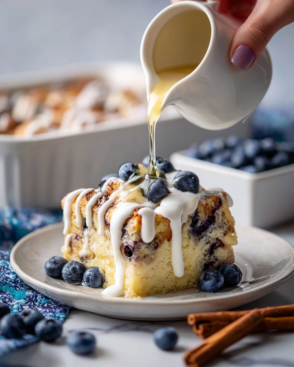 A white plate holds a thick square slice of bread pudding with three visible layers: the bottom layer is a soft, dense pale yellow cake with some soaked blueberries inside, the middle layer has a mix of golden-brown baked bread pieces with swirls of cinnamon and scattered fresh blueberries, and the top layer is drizzled with white icing in a zigzag pattern, adding a delicate texture. A golden syrup is being poured from a white small jug held by a woman's hand, flowing over the top of the bread pudding and catching the light. Around the plate, fresh blueberries rest on the white marbled textured surface, with a cinnamon stick and a blue-and-white cloth nearby, adding contrast and color depth. In the background, blurred blueberries in a white square bowl and a large baking dish with more bread pudding can be seen. photo taken with an iphone --ar 4:5 --v 7