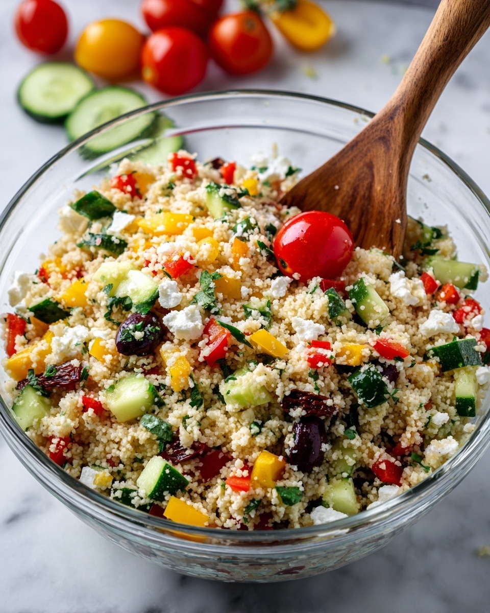 A clear glass bowl filled with a mixed couscous salad showing several layers of small, pale beige couscous grains mixed with chopped vegetables: light green cucumber chunks, bright red and yellow bell pepper strips, dark black olive slices, small white cheese crumbles, dark brown sun-dried tomato pieces, and scattered green herbs. A wooden spoon is partly inside the bowl, with its tip touching a whole bright red cherry tomato near the center. The bowl sits on a white marbled surface, and fresh cherry tomatoes and cucumber slices are blurred in the background. photo taken with an iphone --ar 4:5 --v 7