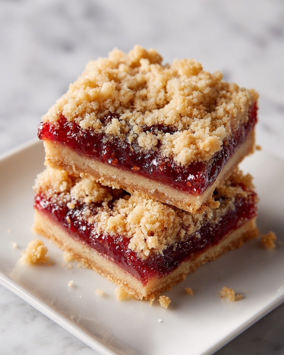 Two square crumb bars stacked on a white square plate atop a white marbled surface, each bar showing three distinct layers: a golden-brown crumbly base, a thick middle layer of red jam with a jelly-like texture, and a top layer of coarse crumb topping in a light tan color with rough, chunky bits; the bars have clean cut edges and a moist, dense look. Photo taken with an iphone --ar 4:5 --v 7