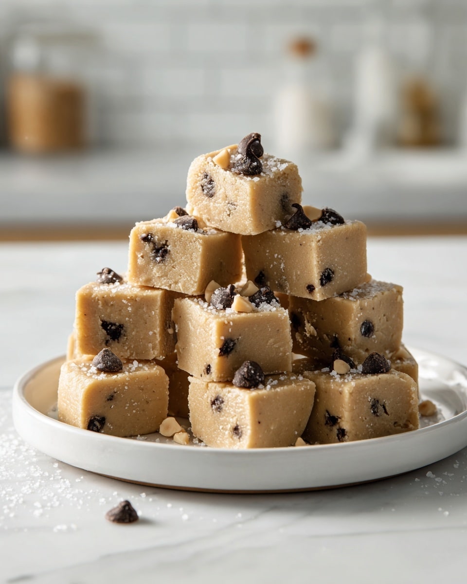 A group of ten small beige fudge cubes with visible dark brown chocolate chips mixed inside, stacked in a loose pyramid shape on a white plate. Each cube looks soft and slightly crumbly, with some topped by whole peanuts, several chocolate chips, and small sprinkles of coarse white salt. The fudge surface is smooth with a matte texture. The plate is placed on a white marbled background, giving a clean and bright look. Photo taken with an iphone --ar 4:5 --v 7