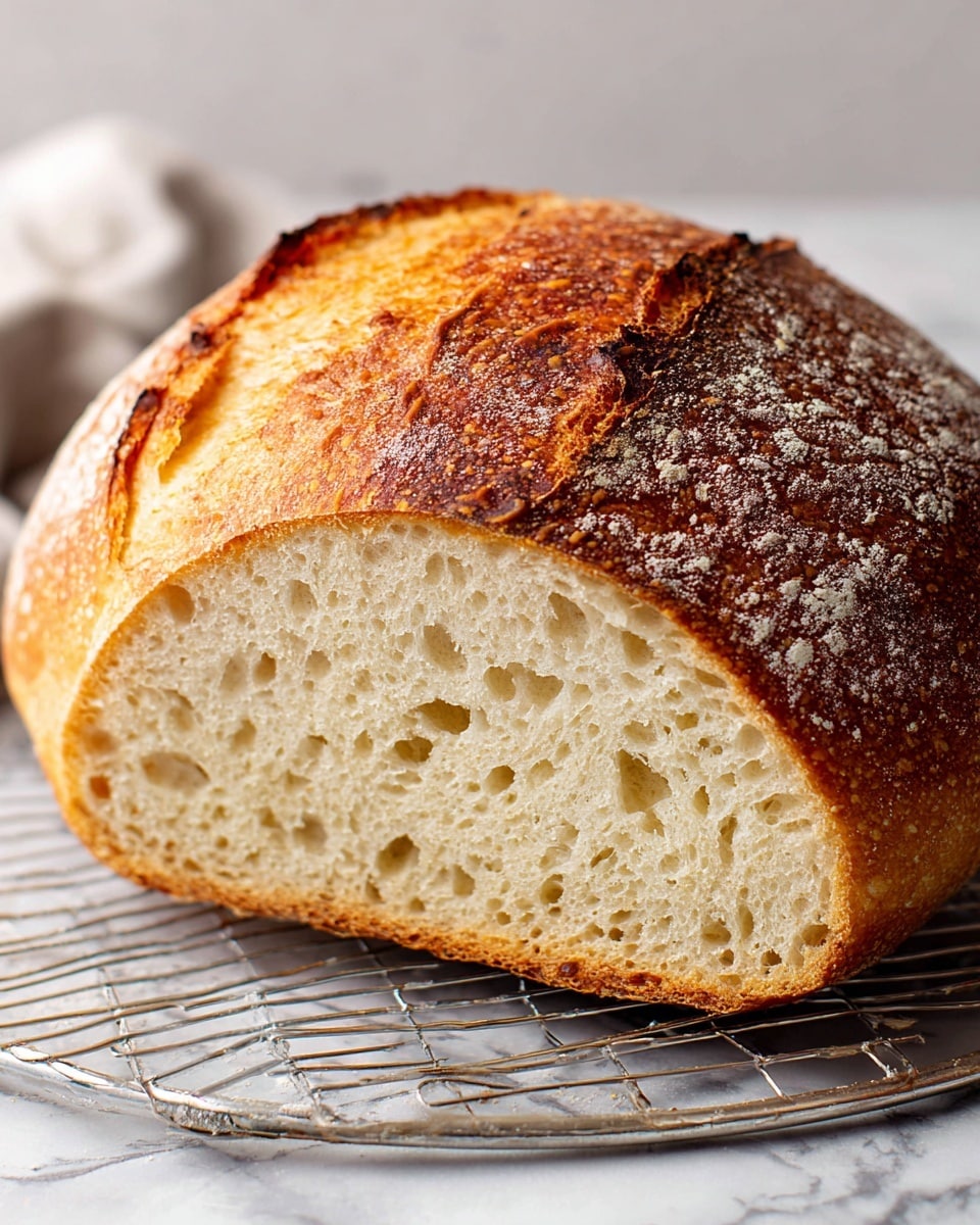 A close-up of a rustic round loaf of bread cut in half, resting on a metal cooling rack placed on a white marbled surface. The crust is golden brown with darker toasted spots, cracked and rough in texture, showing small patches of flour dust. The bread’s inside is soft and airy, light beige with many uneven holes, showing a moist and tender crumb. Photo taken with an iphone --ar 4:5 --v 7