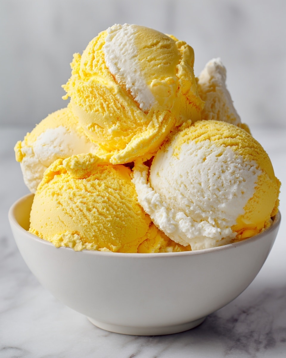 The image shows a white bowl filled with several scoops of ice cream arranged closely together. There are two main colors visible in the scoops: a bright yellow and a creamy white, mixed in each scoop, giving a marbled effect. The texture of the yellow parts looks smooth and slightly firm, while the white parts appear soft and creamy. The white bowl sits on a white marbled surface. Photo taken with an iphone --ar 4:5 --v 7