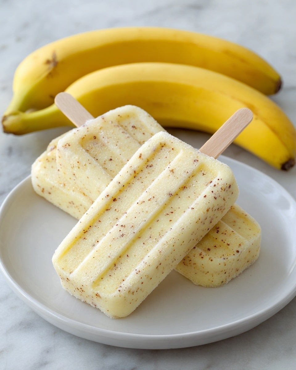The image shows two beige popsicles with small bits inside, placed on a white plate. One popsicle is flat on the plate while the other is slightly leaning on it, showing its wooden stick. The plate sits on a white marbled surface, and in the background there are two yellow bananas, slightly blurred. The popsicles have a smooth texture with visible small pieces inside, giving a creamy look. photo taken with an iphone --ar 4:5 --v 7
