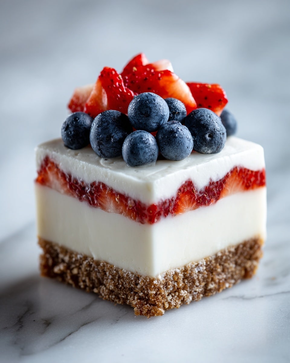 The image shows a square dessert bar with three clear layers on a white marble surface. The bottom layer is a crumbly, light brown crust with a rough texture. Above it is a thick, smooth white cream layer, topped with a layer of bright red strawberry pieces embedded inside. The top layer is white whipped cream, decorated with fresh, whole blueberries and diced strawberries arranged neatly on top. The dessert looks soft and creamy with a mix of smooth and chunky textures. Photo taken with an iphone --ar 4:5 --v 7
