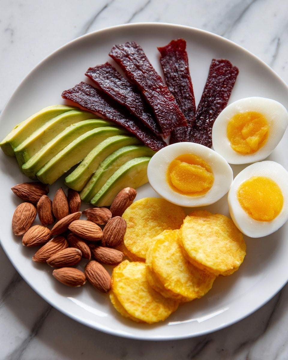 A white plate on a white marbled surface holds six main food items arranged neatly. There are three slices of bright yellow corn chips with a crunchy texture on the bottom left. To their right sits a smooth, light green sliced avocado fan. Above the avocado, three halves of a boiled egg show soft yellow yolks surrounded by firm white egg whites. Next to the eggs on the top right are several dark red jerky strips with a rough texture. To the left of the jerky is a pile of medium brown roasted almonds with a dry texture. All items are evenly spaced in roughly equal sections around the plate. Photo taken with an iphone --ar 4:5 --v 7