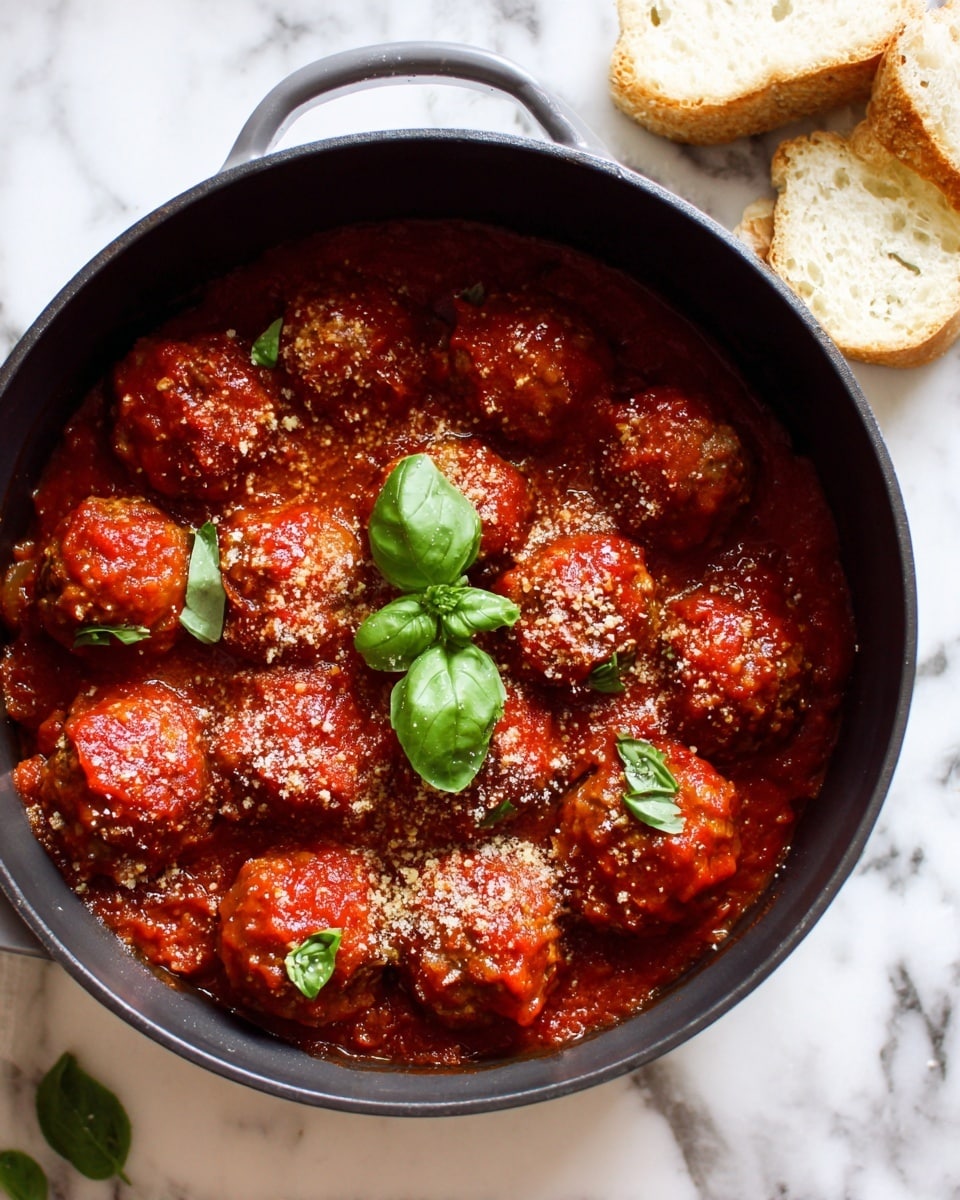 A close-up view of a black skillet filled with about twelve meatballs, each covered in a thick, rich red tomato sauce that looks chunky and slightly glossy. The meatballs have uneven, textured surfaces with bits of white cheese melted on top, and a light dusting of grated cheese adds a crumbly texture on some spots. Bright green basil leaves sit in the middle of the skillet, adding a fresh contrast. The skillet edges show a hexagon pattern, and a slice of crusty bread rests near the top right on a white marbled surface. The overall colors are warm reds and greens with a mix of soft and rough textures. Photo taken with an iphone --ar 4:5 --v 7