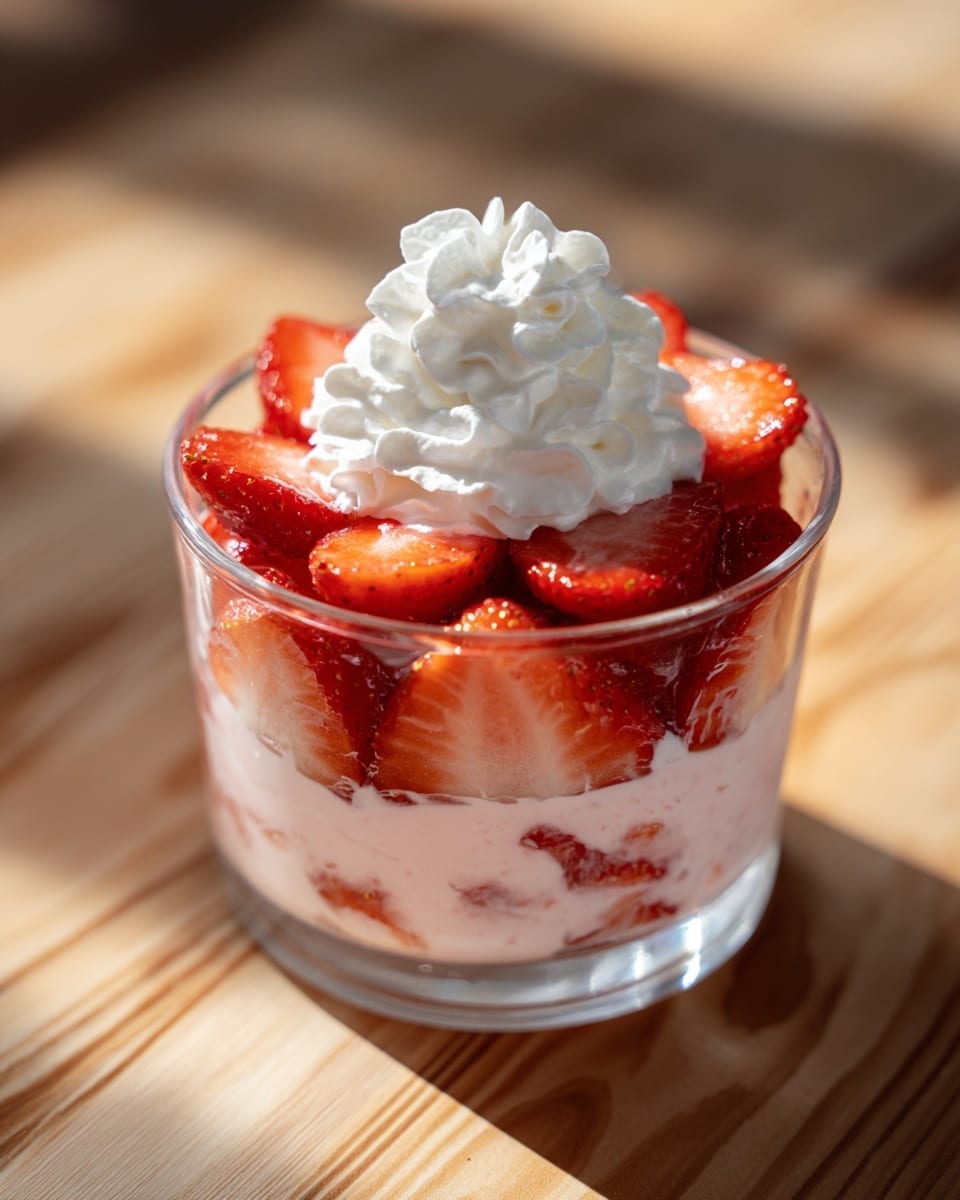 A clear glass cup holds a dessert with three visible layers: the bottom layer is light pink and creamy, the middle layer is mixed with chunks of bright red strawberries, and the top layer is fresh sliced strawberries arranged around a dollop of white whipped cream. The glass is placed on a wooden surface with soft natural light highlighting the textures. Photo taken with an iphone --ar 4:5 --v 7