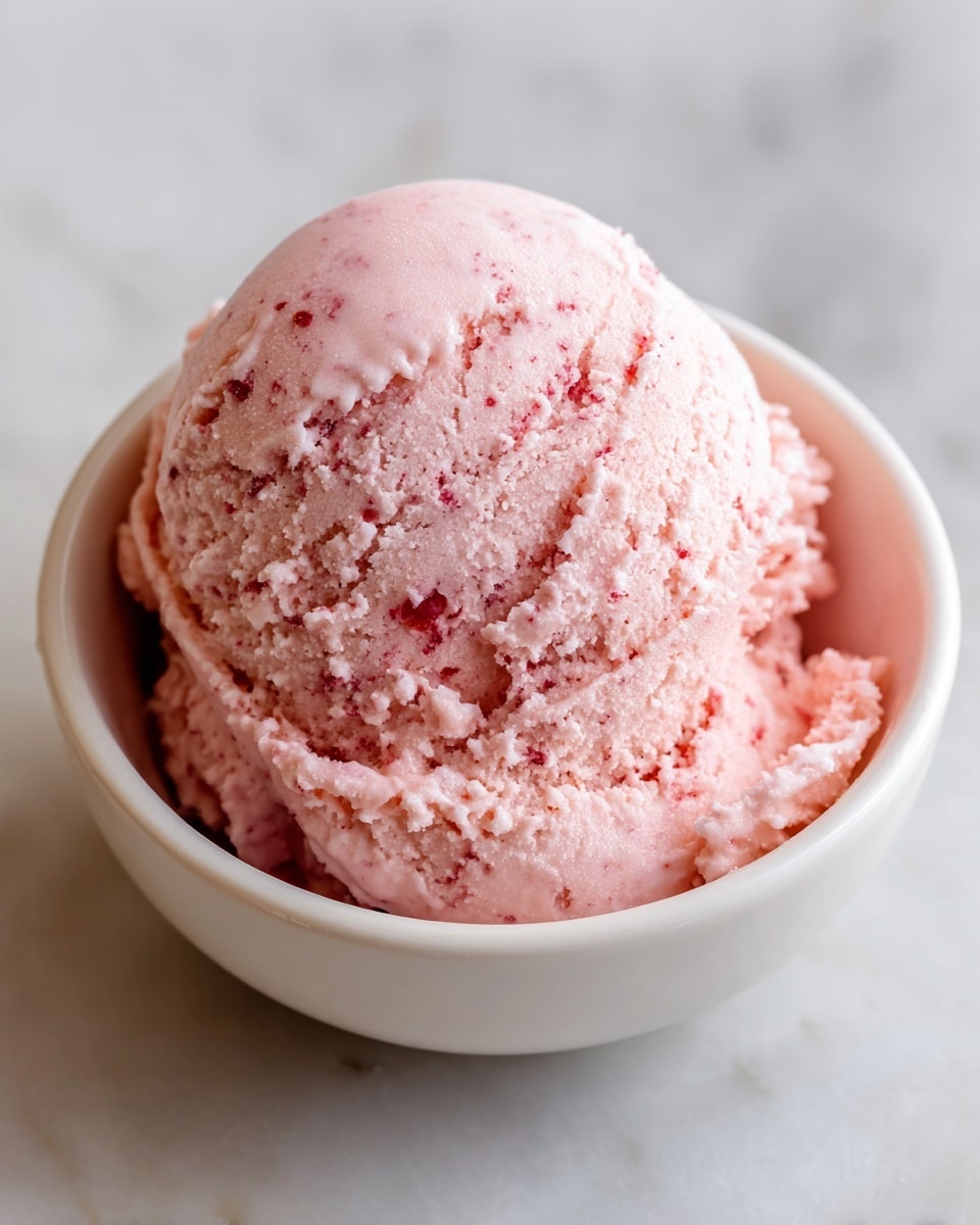 A single scoop of pink ice cream with a smooth yet slightly textured surface is placed in a small white bowl. The ice cream has a creamy look with tiny air pockets and slight unevenness on the top and sides, showing its softness. The bowl sits on a white marbled textured surface, adding a clean and bright background to the image. Photo taken with an iphone --ar 4:5 --v 7