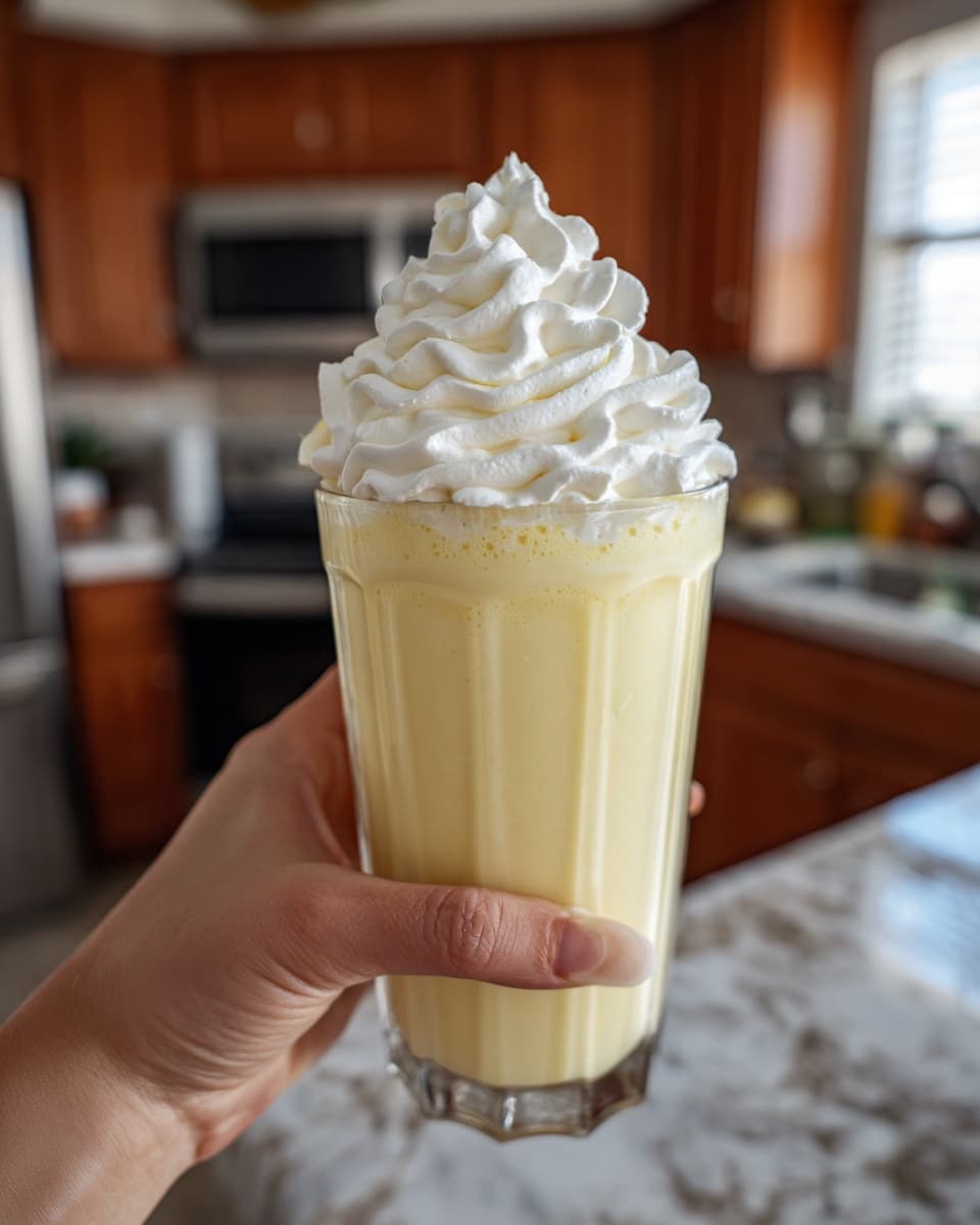 A tall, clear glass filled with a creamy light yellow milkshake, with smooth texture visible through the glass. The top layer is a large swirl of white whipped cream, fluffy and light, sitting above the glass rim. The glass is placed on a white marbled surface, with a white straw next to it. The background shows a kitchen setting with brown cabinets and a window letting in natural light. Photo taken with an iphone --ar 4:5 --v 7