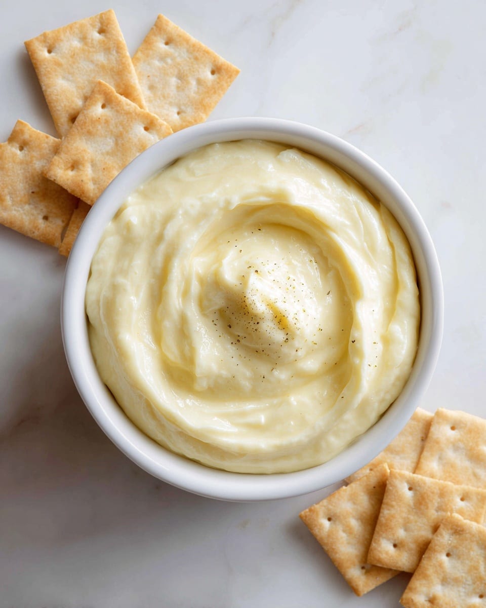 The image shows a small white ceramic bowl filled with a creamy, smooth dip that has a light yellow color. The dip has a slightly swirled texture on top with a small dollop in the center, giving it a soft and fluffy look. Around the bowl, there are tan-colored square crackers placed on a white marbled surface, adding a simple and clean contrast to the creamy dip. The lighting is soft, highlighting the texture of the dip and the crispness of the crackers. Photo taken with an iphone --ar 4:5 --v 7