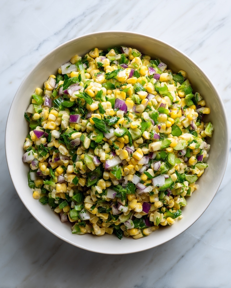 A close-up view of a fresh corn salad in a white bowl with a thin black rim, filled with vibrant bright yellow corn kernels as the main layer, mixed evenly with small pieces of purple-red onion, finely chopped green jalapeño slices, and scattered bits of fresh green cilantro leaves, all creating a colorful and textured mix; two lime wedges sit on the edge of the bowl, adding a fresh touch, and the bowl is placed on a white marbled surface. photo taken with an iphone --ar 4:5 --v 7