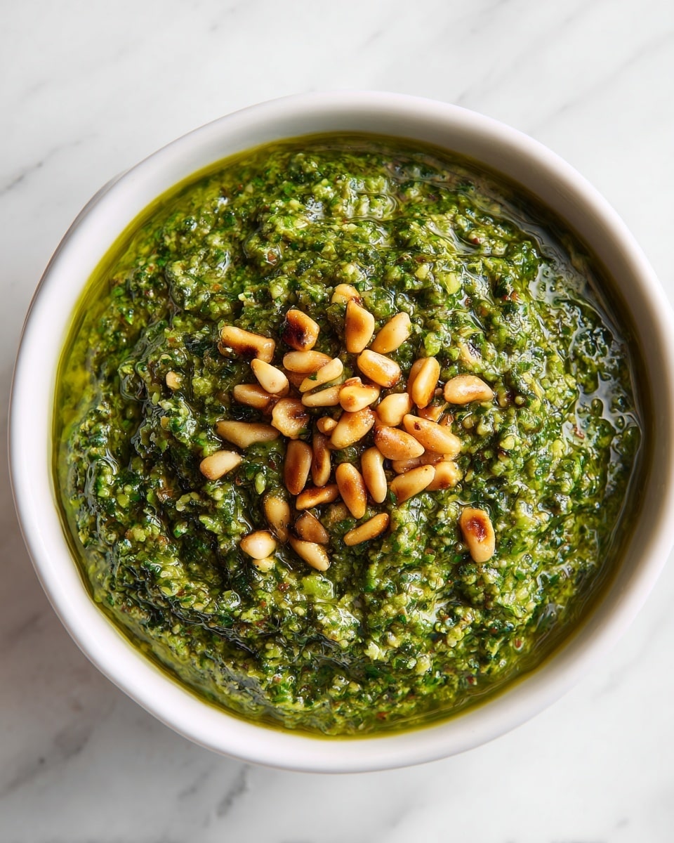 The image shows a close-up of a white bowl filled with thick, coarse green pesto sauce that has a slightly shiny, oily texture. On top of the pesto, there is a small pile of toasted pine nuts, golden-brown in color, scattered in the center. The bowl is placed on a white marbled surface, and the background is softly blurred with green leaves visible, adding a touch of natural color. The lighting highlights the freshness and texture of the pesto and pine nuts. photo taken with an iphone --ar 4:5 --v 7