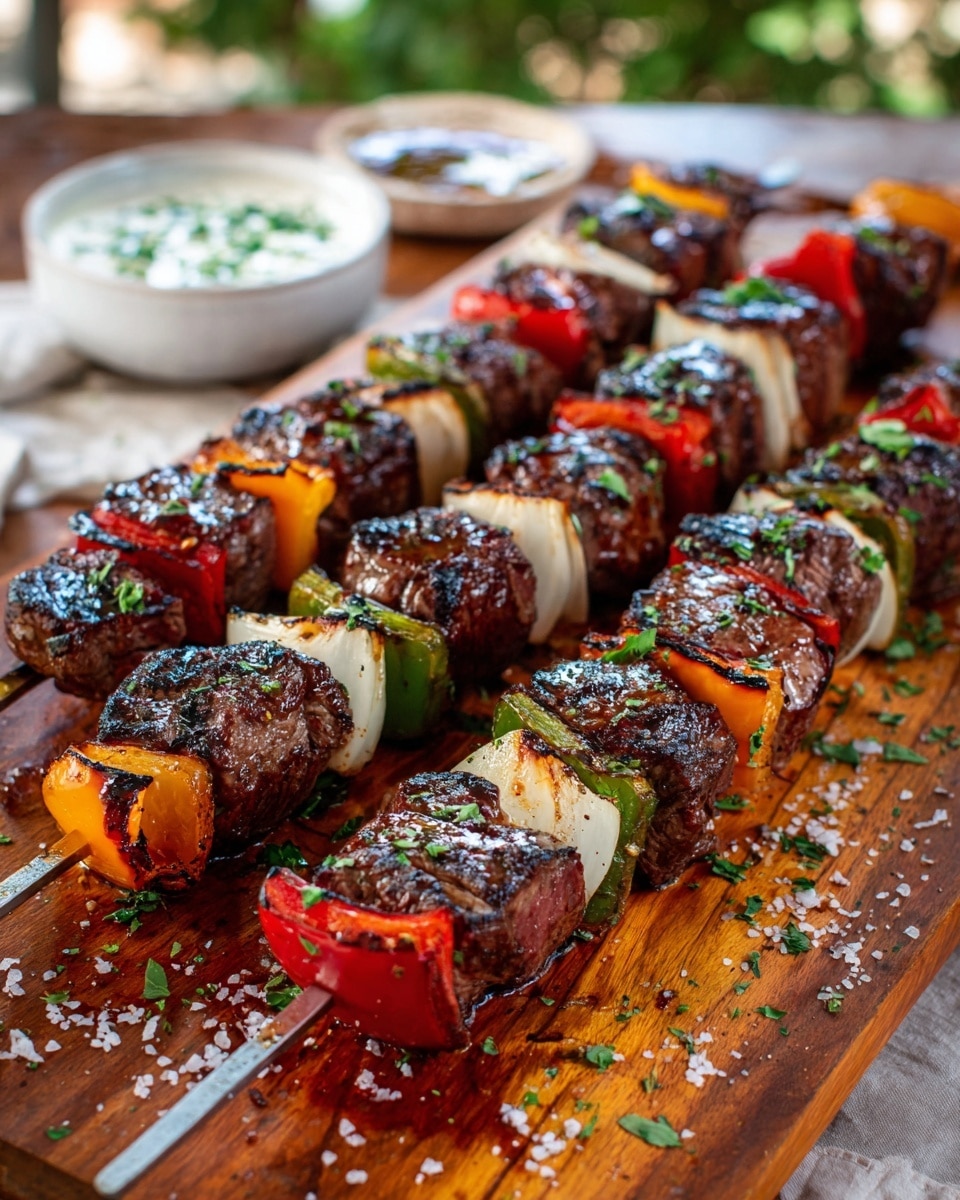 The image shows four metal skewers lined up on a light wooden board with fresh herbs and salt sprinkled around. Each skewer has a repeating pattern of three cubes of grilled steak with dark char marks, alternating with slices of red bell pepper, white onion, and green bell pepper. The vegetables are slightly charred and glossy, showing they have been cooked on the grill. In the background, there is a white bowl with some sauce inside placed on a white marbled table, and the overall scene is set outdoors with blurred green foliage and light in the background. photo taken with an iphone --ar 4:5 --v 7