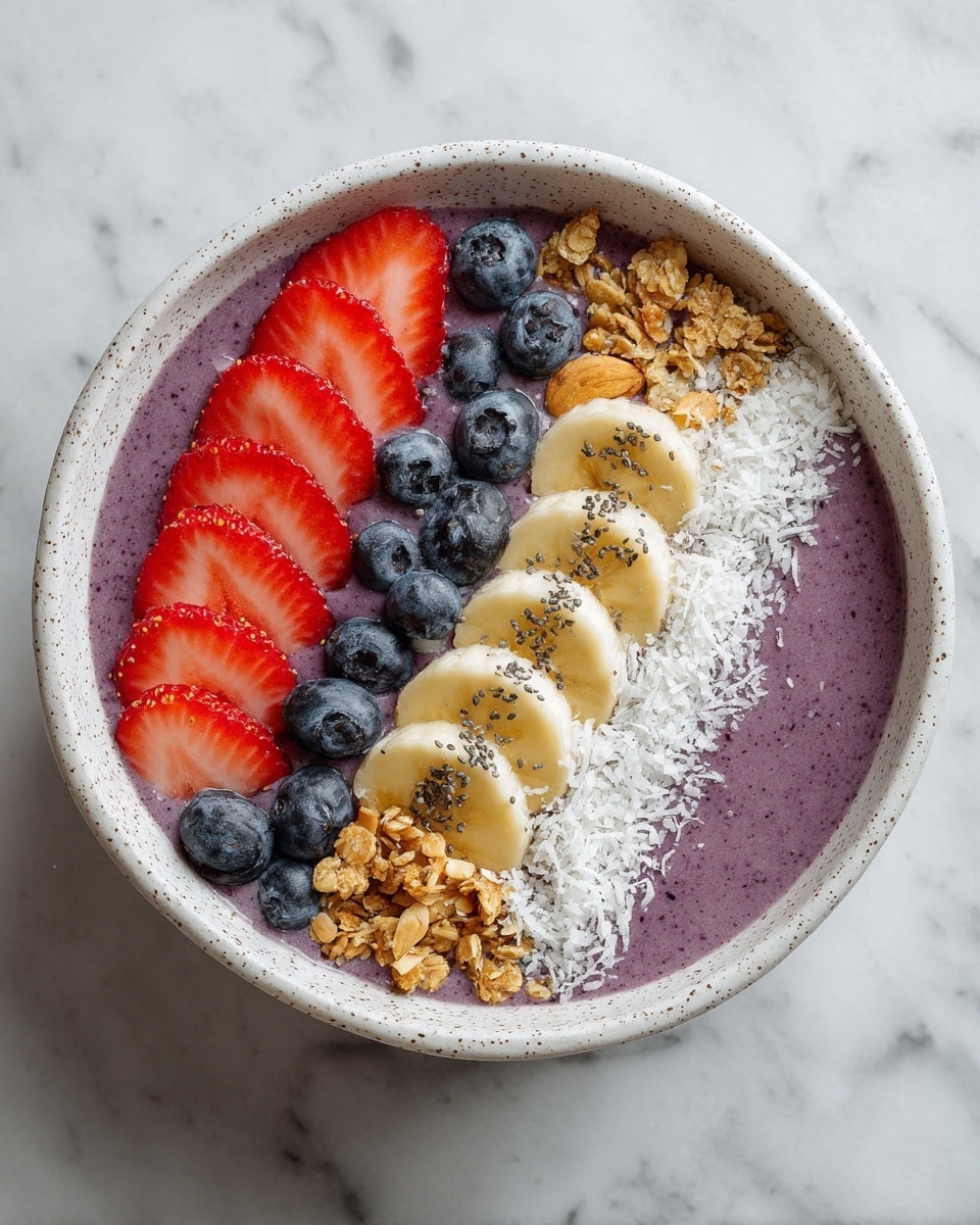 A white speckled bowl filled with a thick purple smoothie base takes up most of the space. On the surface, five diagonal rows of topping are placed from left to right: shiny red sliced strawberries with visible seeds, plump deep blue blueberries, light yellow banana slices sprinkled with tiny black chia seeds, a crunchy mix of brown granola clusters and whole almonds, and small white coconut flakes lightly scattered. The bowl sits on a white marbled background with a few loose berries near it. Photo taken with an iphone --ar 4:5 --v 7