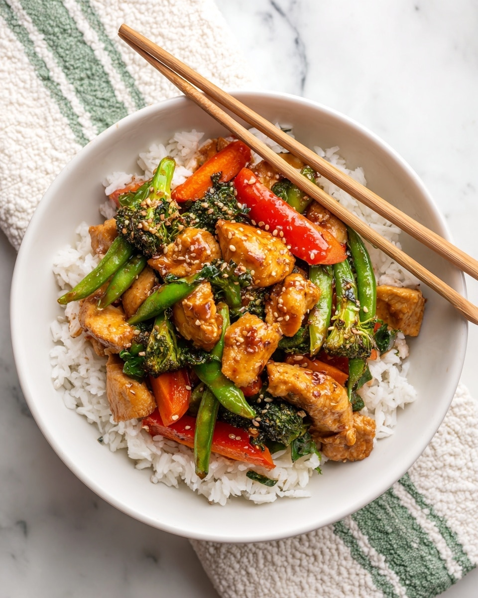 A white bowl filled with a base layer of fluffy white rice, topped with a colorful stir-fry mix. The stir-fry layer includes pieces of golden-brown cooked chicken, bright green broccoli florets, vibrant green snow peas, thin orange carrot strips, and shiny red bell pepper chunks, all coated lightly in a glossy brown sauce. Two wooden chopsticks rest on the top edge of the bowl. The bowl is placed on a white marbled surface with a striped cloth partially visible. Photo taken with an iphone --ar 4:5 --v 7