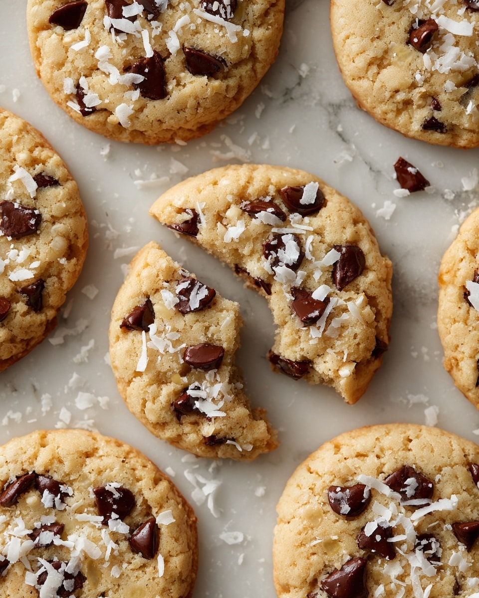 A close-up view of several soft, golden-brown cookies scattered on a white marbled surface, each cookie studded with gooey, dark chocolate chips and sprinkled with thin, light-colored shredded coconut pieces. One cookie in the center is stacked on top of another, with a bite taken out of the top cookie, revealing a soft, moist interior filled generously with melted chocolate chunks. The texture of the cookies looks chewy and slightly crumbly, with visible cracks and rough edges. Photo taken with an iphone --ar 4:5 --v 7