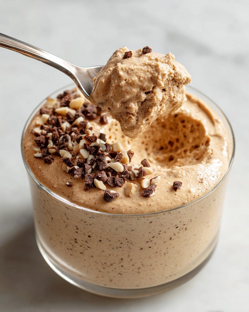A close-up view of a thick, creamy light brown mousse in a clear glass bowl, with a smooth, slightly airy texture visible in the mousse's surface. The top layer is decorated with small dark brown chocolate chips and crushed pale tan nuts. A silver spoon scoops a portion of the mousse from the side, showing the fluffy inside against a background of white marbled texture. photo taken with an iphone --ar 4:5 --v 7