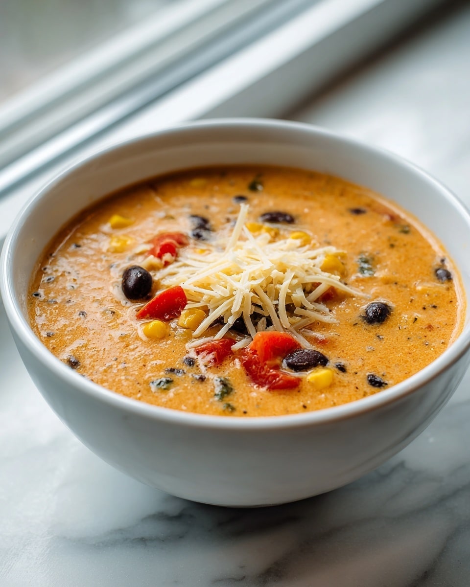 A white bowl filled with a thick orange soup that has visible pieces of black beans, yellow corn, and red bell pepper scattered throughout. On top, there is a small mound of light yellow shredded cheese placed in the center. The bowl is set on a white marbled surface with soft natural light coming from the window in the background, highlighting the creamy texture of the soup. photo taken with an iphone --ar 4:5 --v 7
