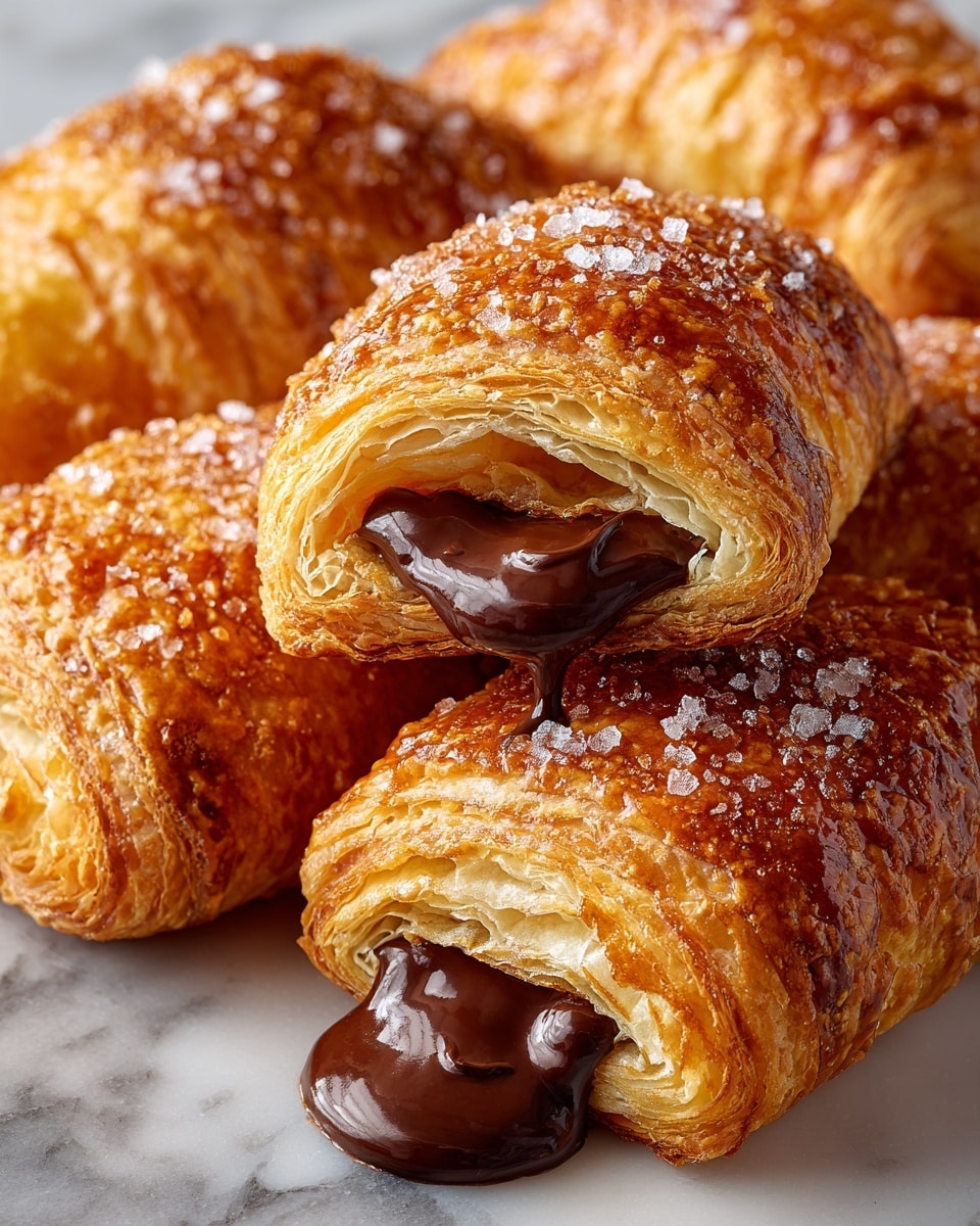 This image shows golden brown, flaky pastries with a sugar crystals topping. One pastry is cut open to reveal a thick, glossy dark chocolate filling inside. The pastries have many thin, crispy layers of dough visible on the edges. They are placed on a white marbled surface with other similar pastries around. The sugar grains on top glisten slightly in the light, adding texture to the smooth, shiny chocolate center. photo taken with an iphone --ar 4:5 --v 7