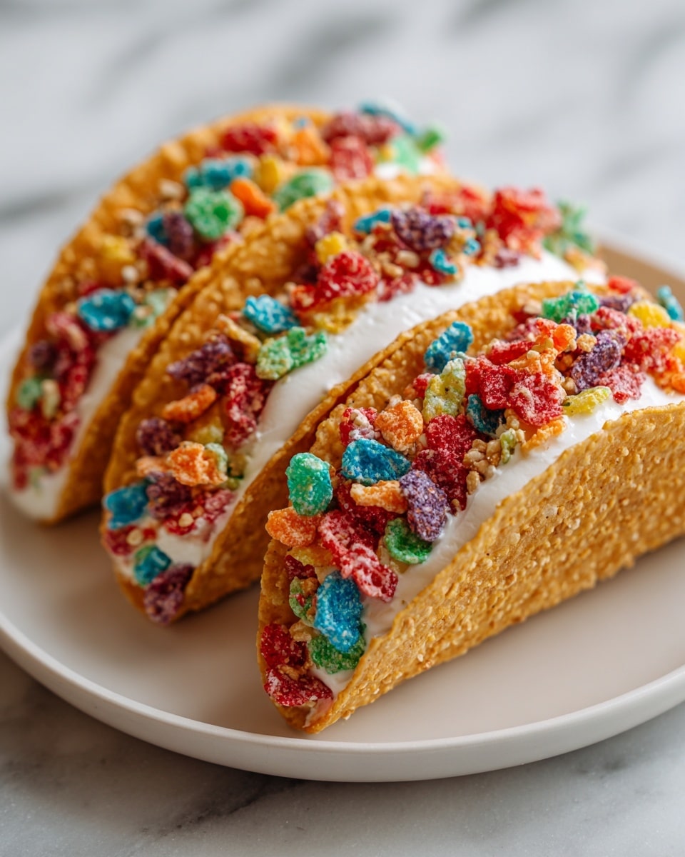 Three taco-shaped shells are placed side by side on a white plate, each filled with two layers: the bottom layer is a smooth, white creamy base, and the top layer is a mix of colorful cereal pieces and crunchy rice clusters in shades of red, blue, green, yellow, and purple. The taco shells are light golden brown with small seasoning specs visible on them. The scene is set on a white marbled surface with a softly blurred background. photo taken with an iphone --ar 4:5 --v 7
